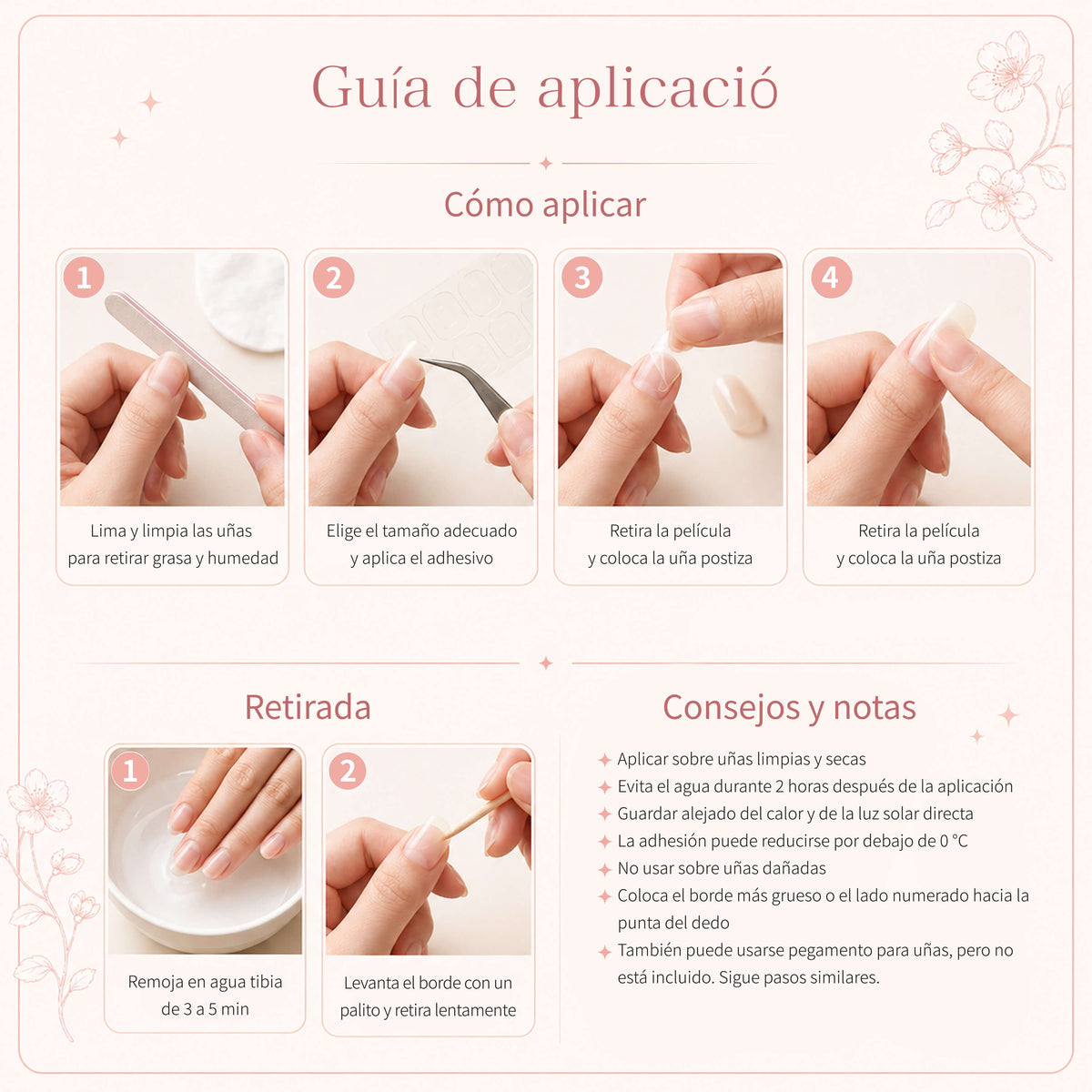 Spanish illustrated application and removal guide for press-on nails.