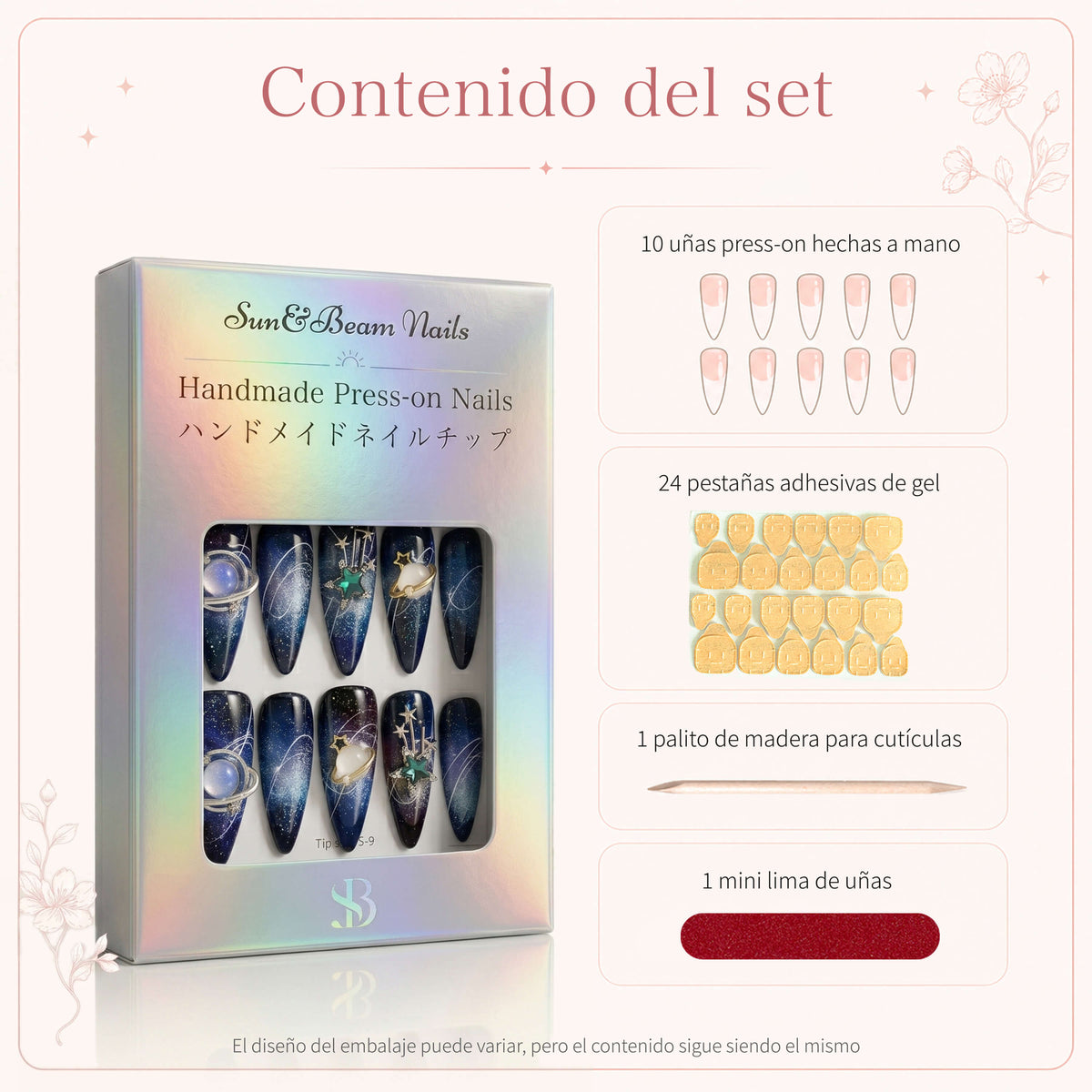Spanish set-contents image showing nail packaging, adhesive tabs, a wooden cuticle stick and a mini nail file.