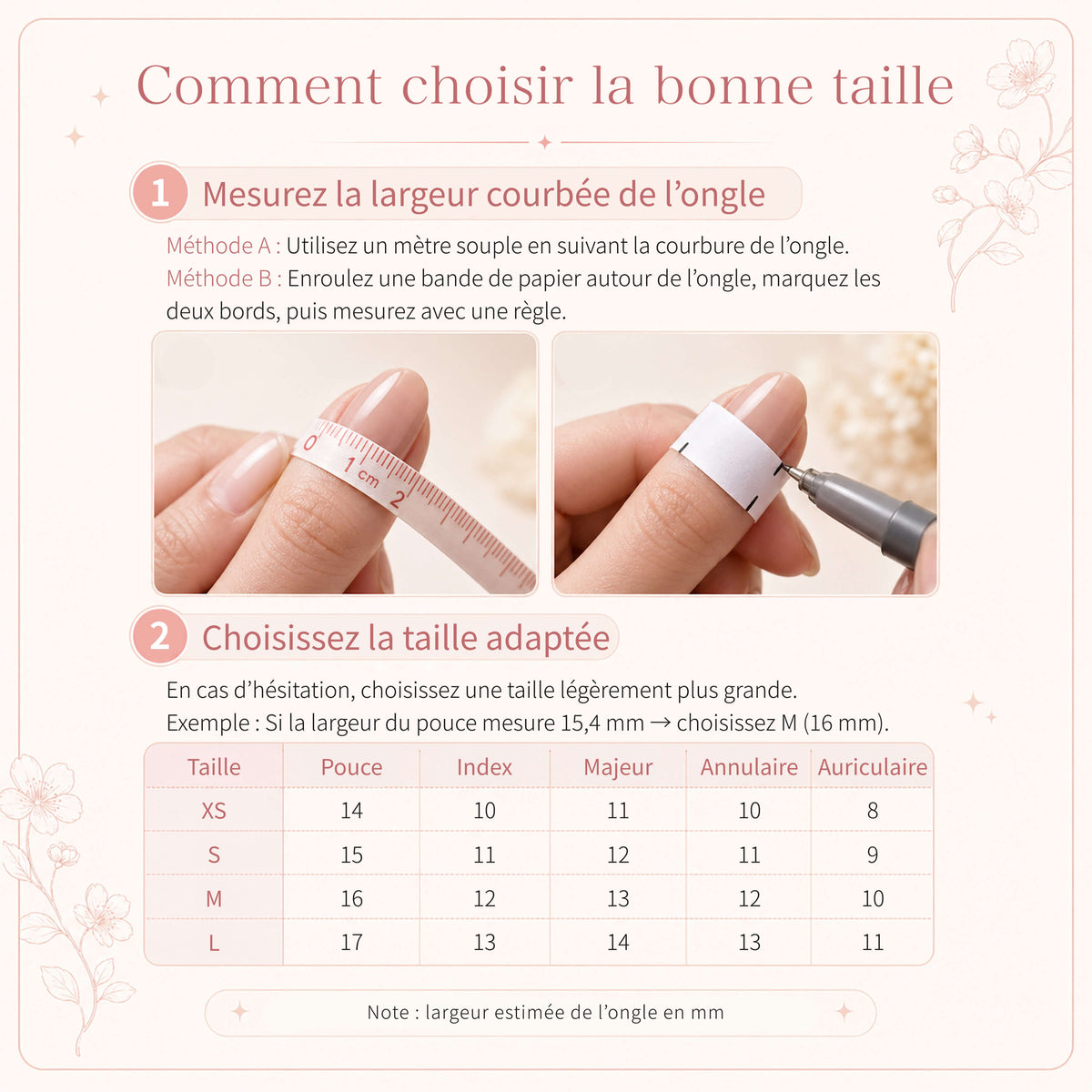 French size guide with nail-width measuring illustrations and an XS–L chart.
