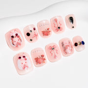Handmade Short Squoval Round Press-On Nails - Pink Cartoon Hand-Painted Rhinestone 10 Pcs #049