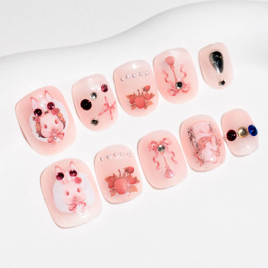 Handmade Press-on Nails Short Squoval Round Pink Rabbit Decal Design 10Pcs HM049