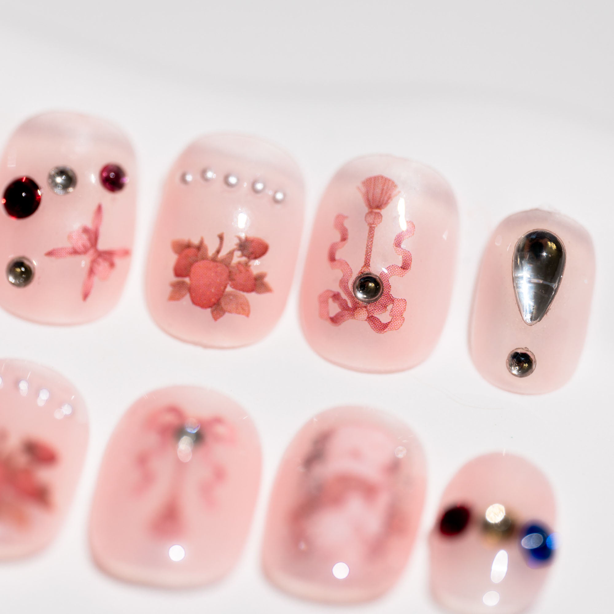 Handmade Short Squoval Round Press-On Nails - Pink Cartoon Hand-Painted Rhinestone 10 Pcs #049