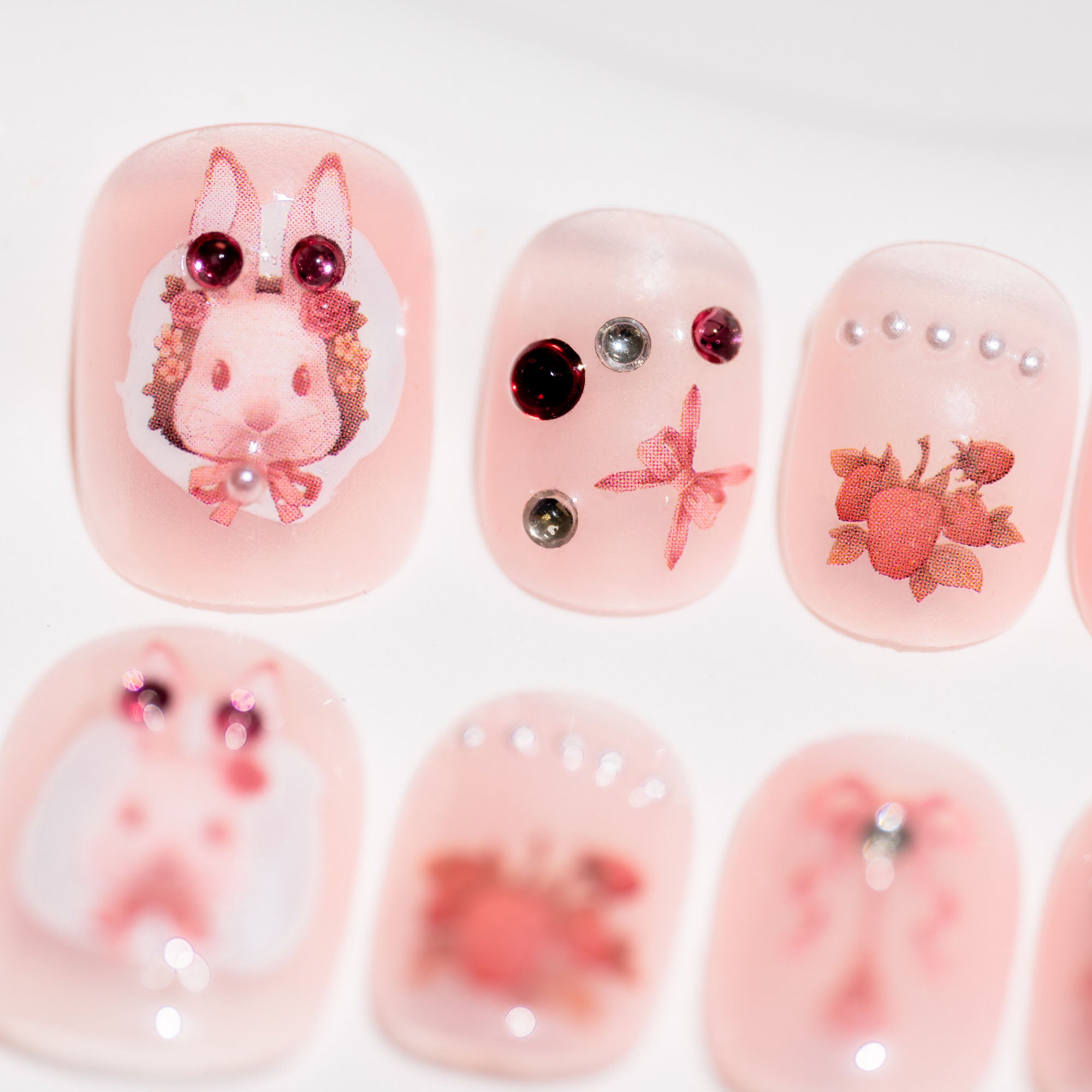 Handmade Short Squoval Round Press-On Nails - Pink Cartoon Hand-Painted Rhinestone 10 Pcs #049