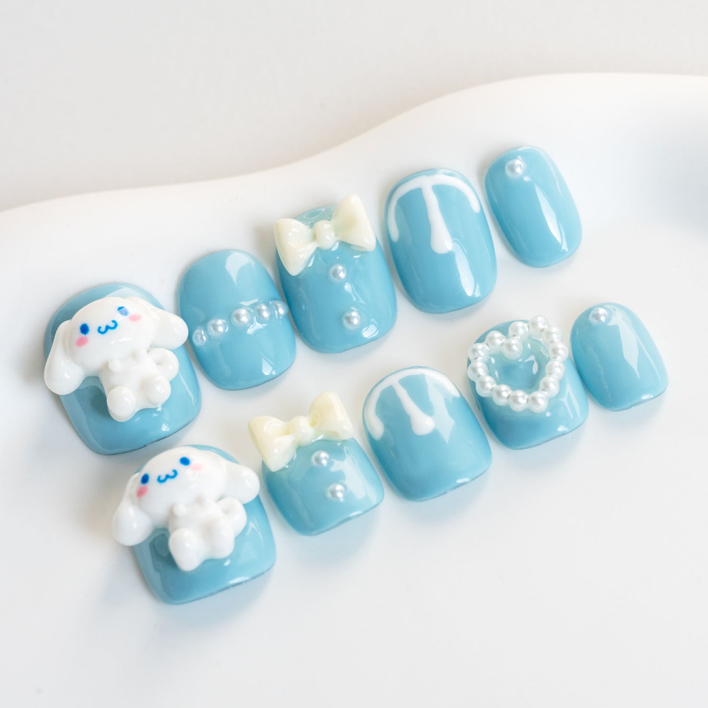 Handmade Press-on Nails Short Squoval Round Blue White Dog Pearl Ribbon Design 10Pcs HM051