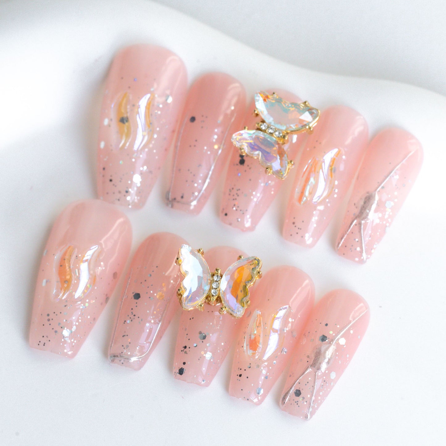 Handmade Press-on Nails Medium Long Coffin Ballerina Beige Pink Rotatable Butterfly Design 10Pcs HM045