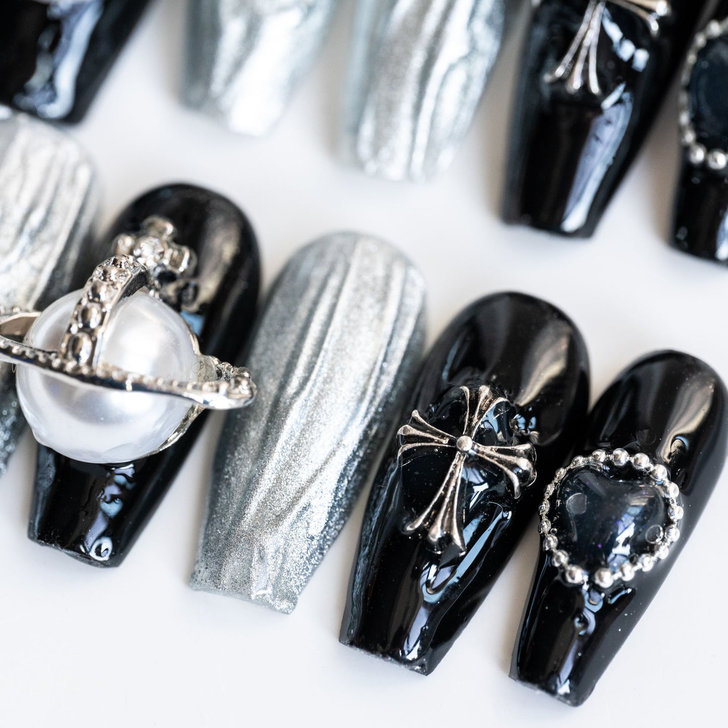 Handmade Press-on Nails Medium Long Coffin Ballerina Black Sliver Cross Pearl 3D Design 10Pcs HM044