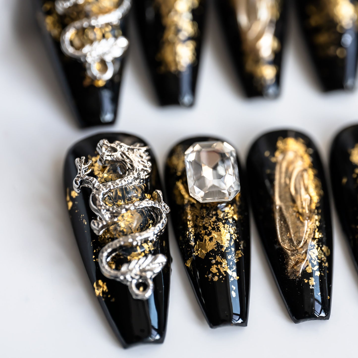 Handmade Press-on Nails Medium Long Coffin Ballerina Black Gold Dragon Design 10Pcs HM052