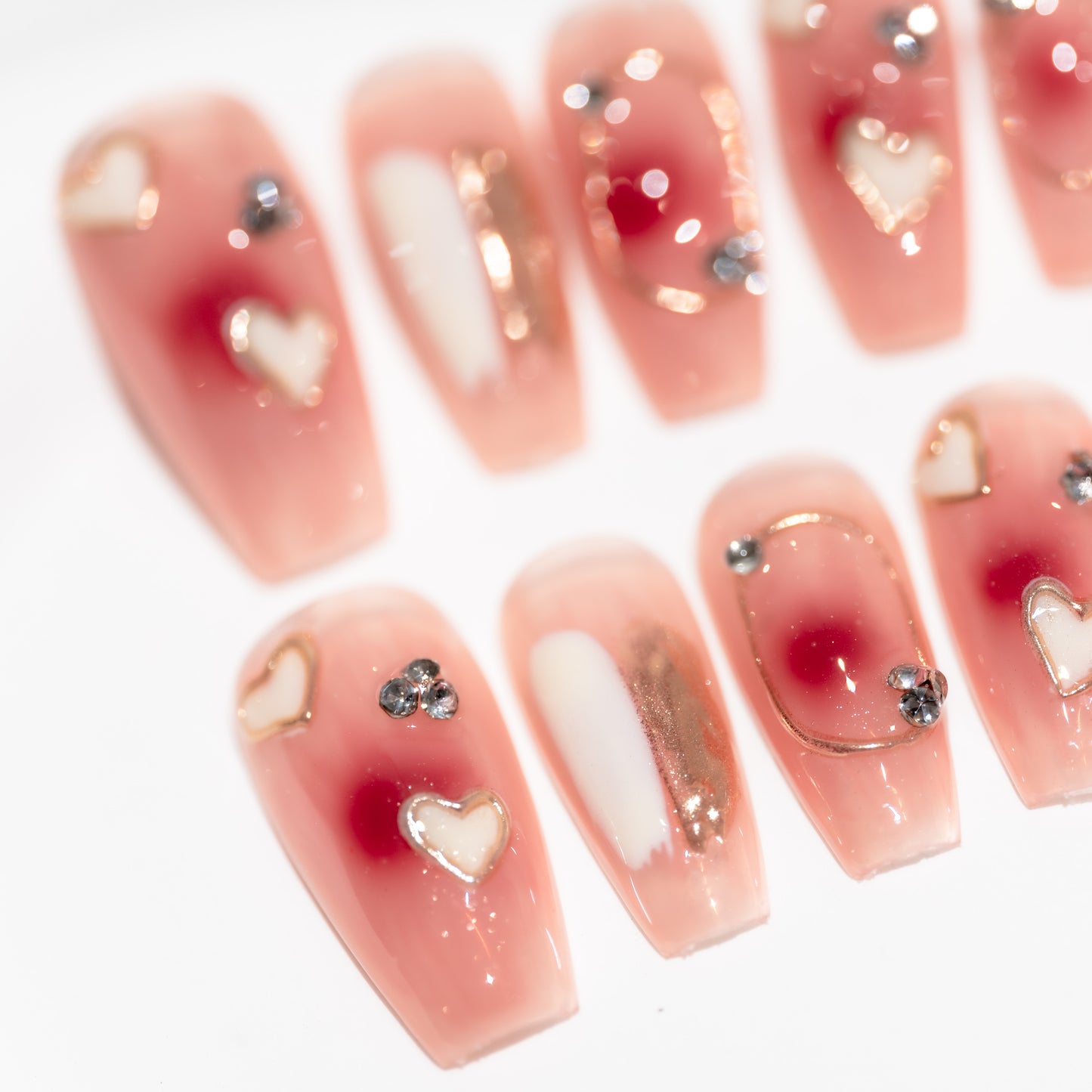 Handmade Press-on Nails Medium Long Coffin Ballerina Pink Gold Heart Gradation Design 10Pcs HM057