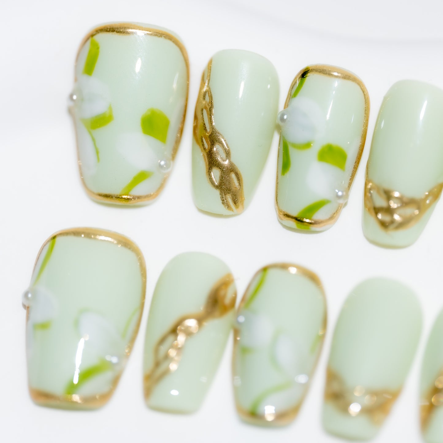 Handmade Press-on Nails Short Coffin Ballerina Green Gold Flower Design 10Pcs HM054