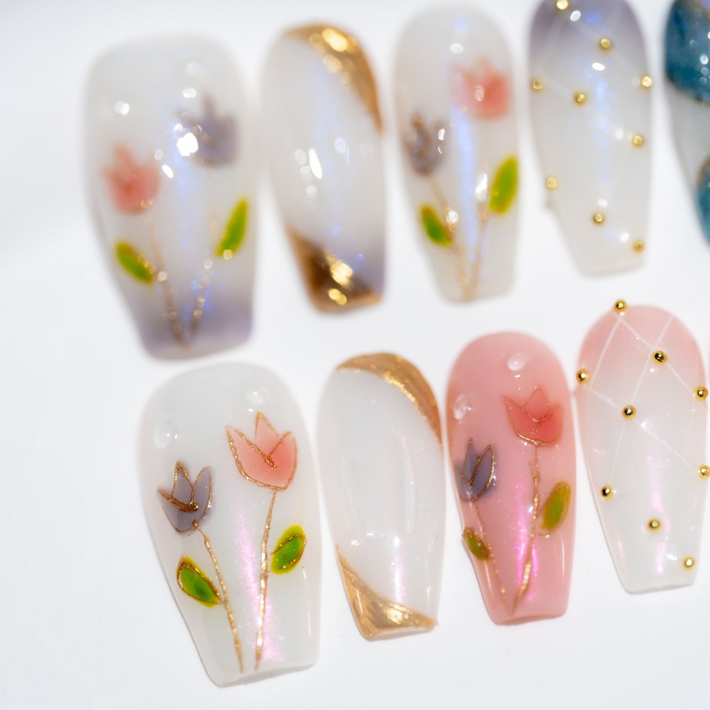 Handmade Press-on Nails Medium Long Coffin Ballerina Pink Blue Flower Design 10Pcs HM056