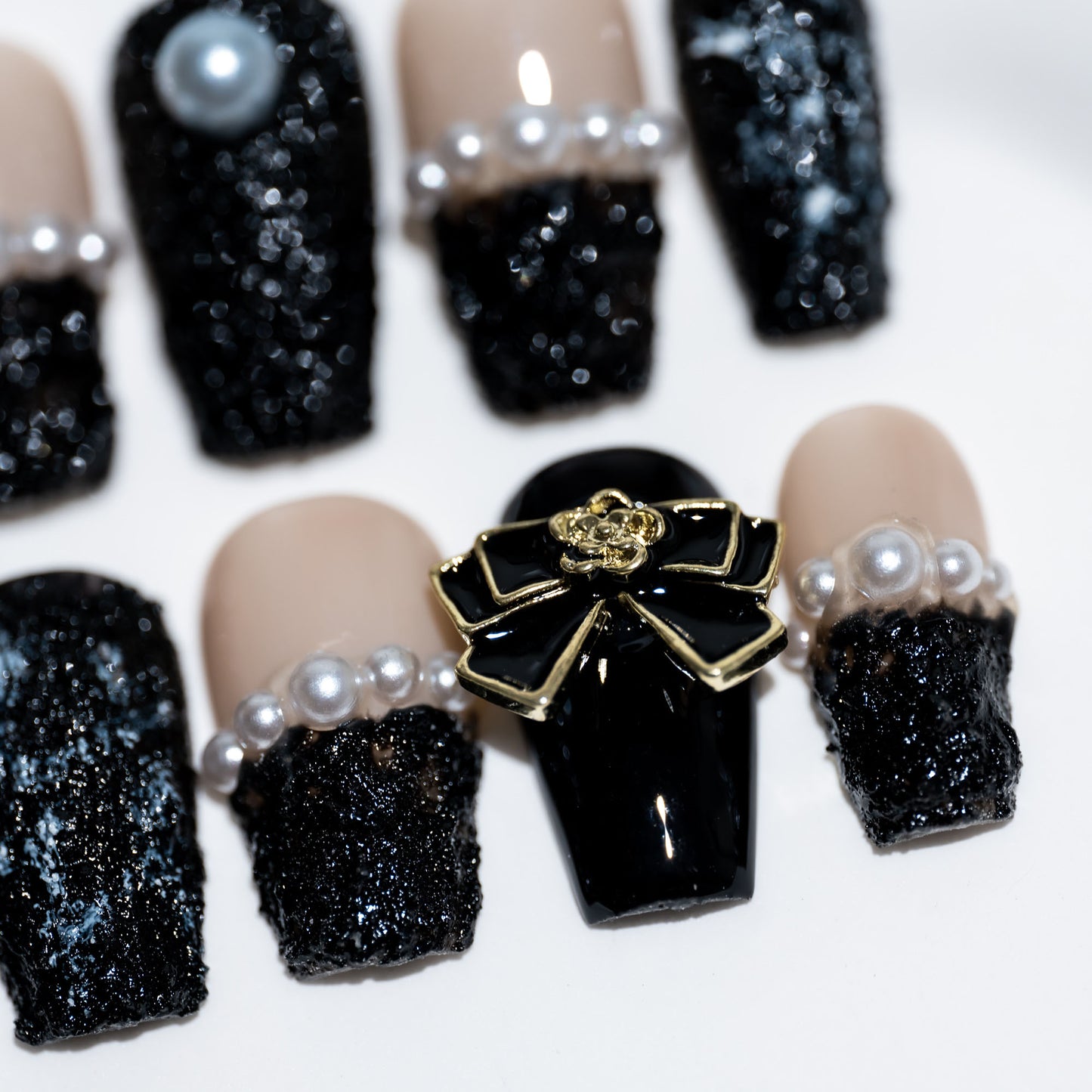 Handmade Press-on Nails Short Coffin Ballerina Black Gold Pearl Texture Design 10Pcs HM061