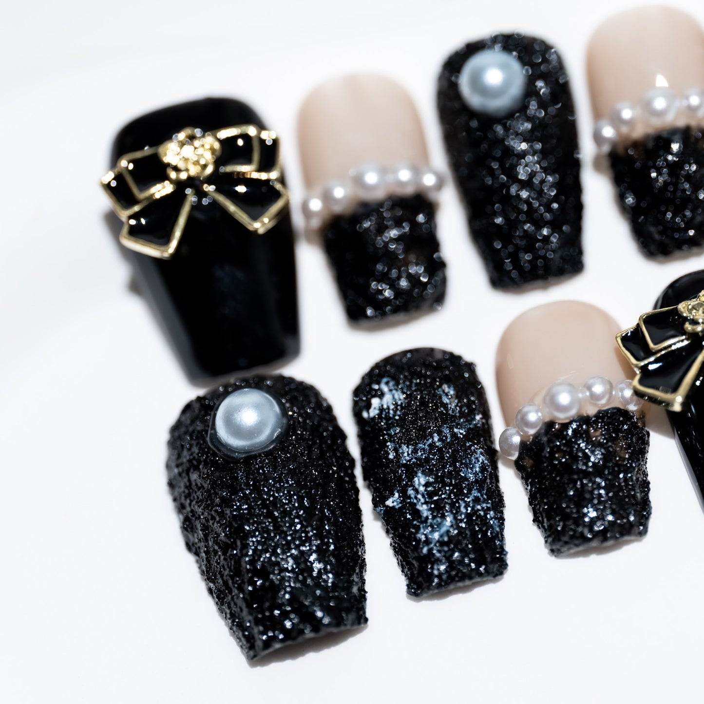 Handmade Press-on Nails Short Coffin Ballerina Black Gold Pearl Texture Design 10Pcs HM061