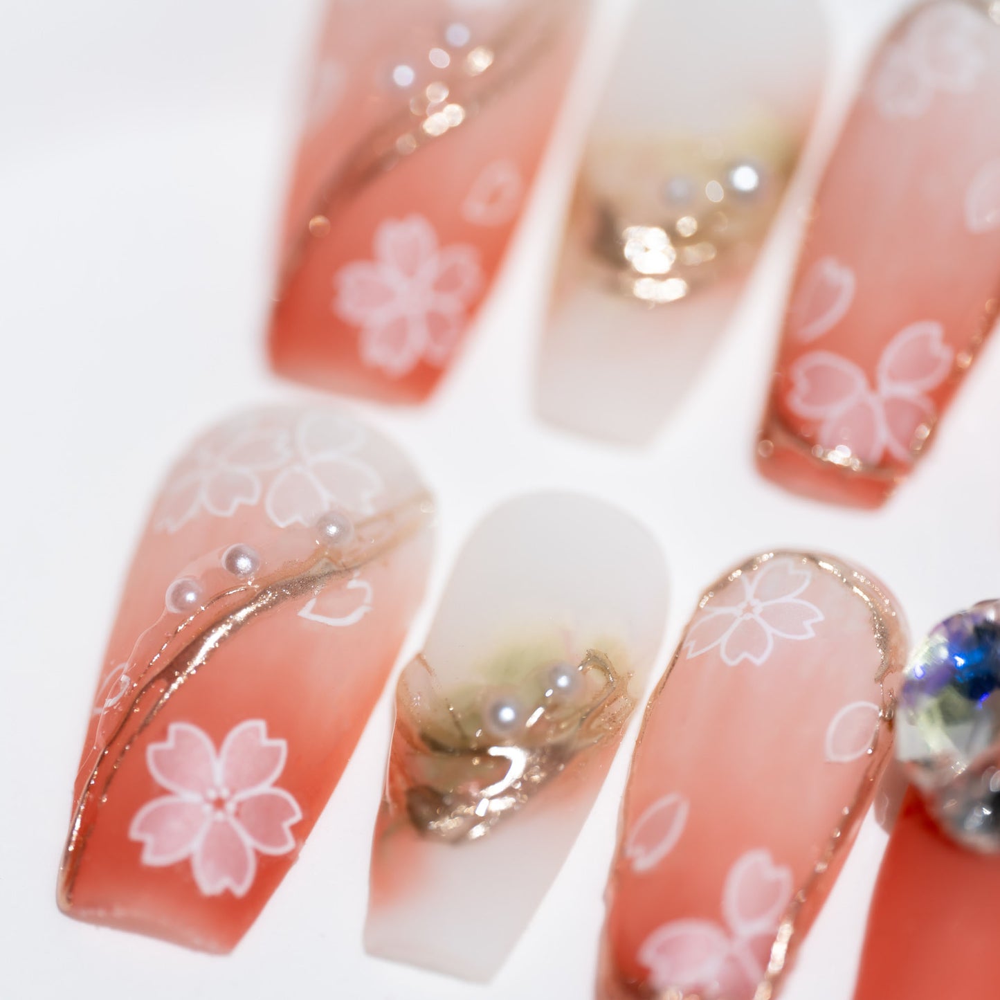 Handmade Press-on Nails Medium Long Coffin Ballerina Pink Gold Flower Sakura Design 10Pcs HM062