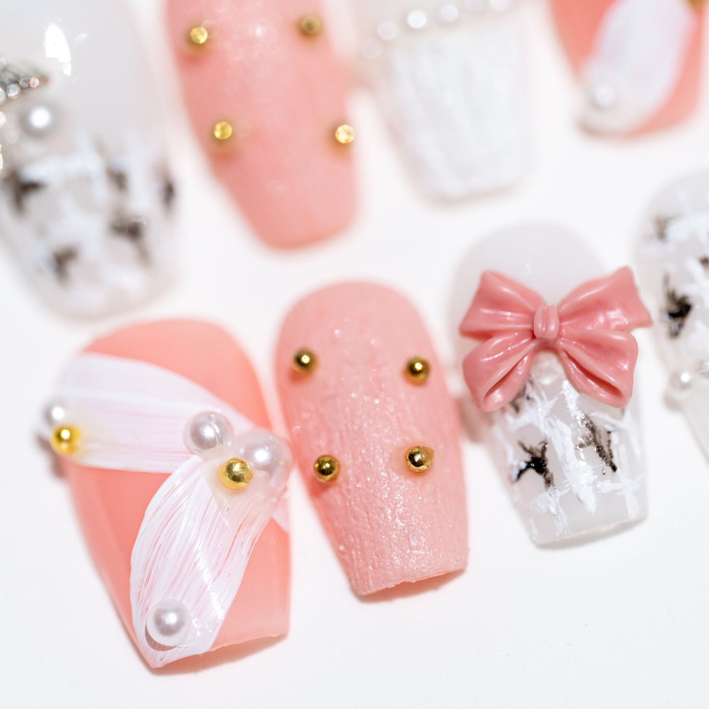 Handmade Press-on Nails Short Coffin Ballerina Pink White Gold Pearl Butterfly Design 10Pcs HM050