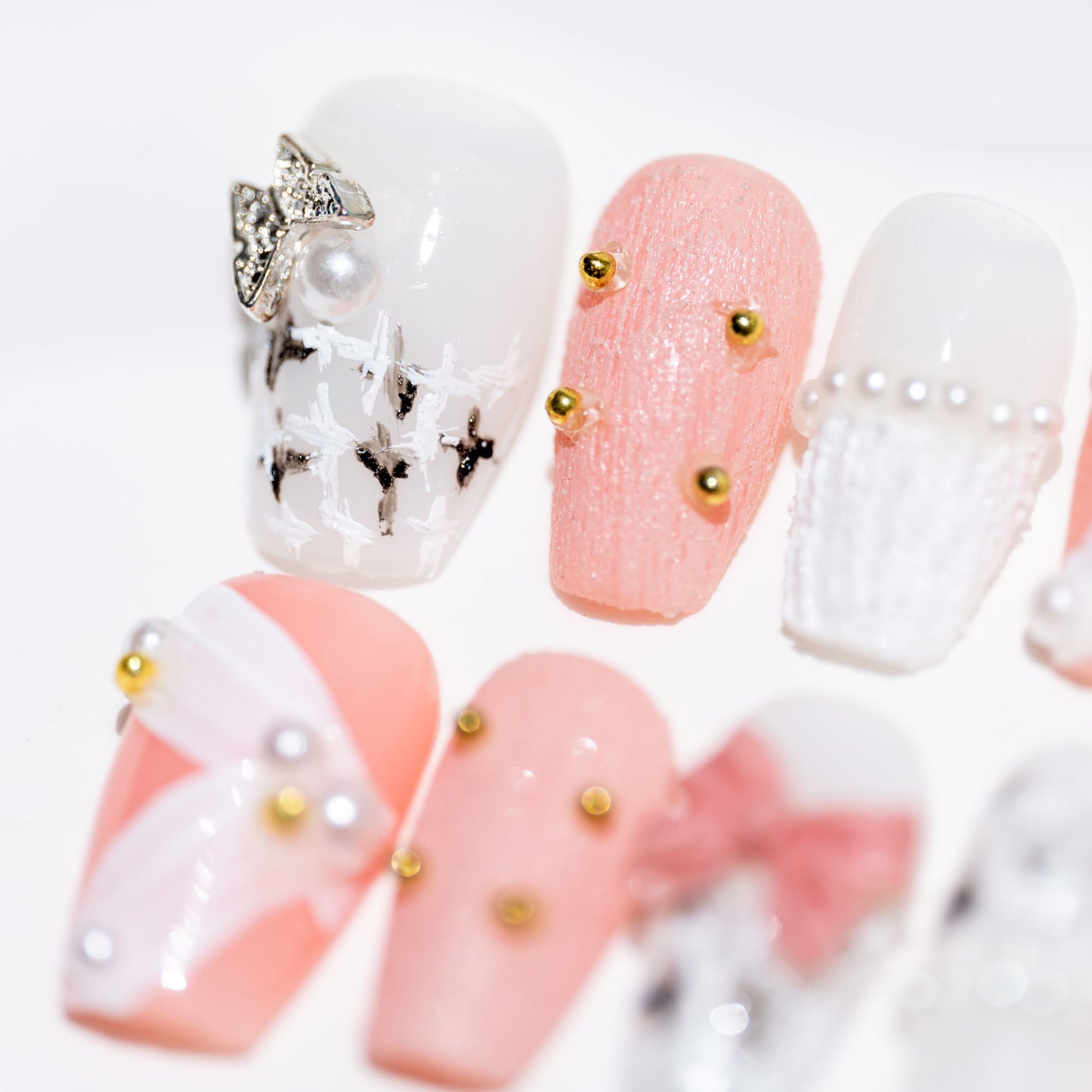 Handmade Press-on Nails Short Coffin Ballerina Pink White Gold Pearl Butterfly Design 10Pcs HM050