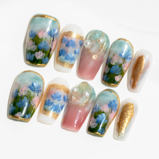 Handmade Press-on Nails Short Coffin Green Gold Colourful Painting Design 10Pcs HM013