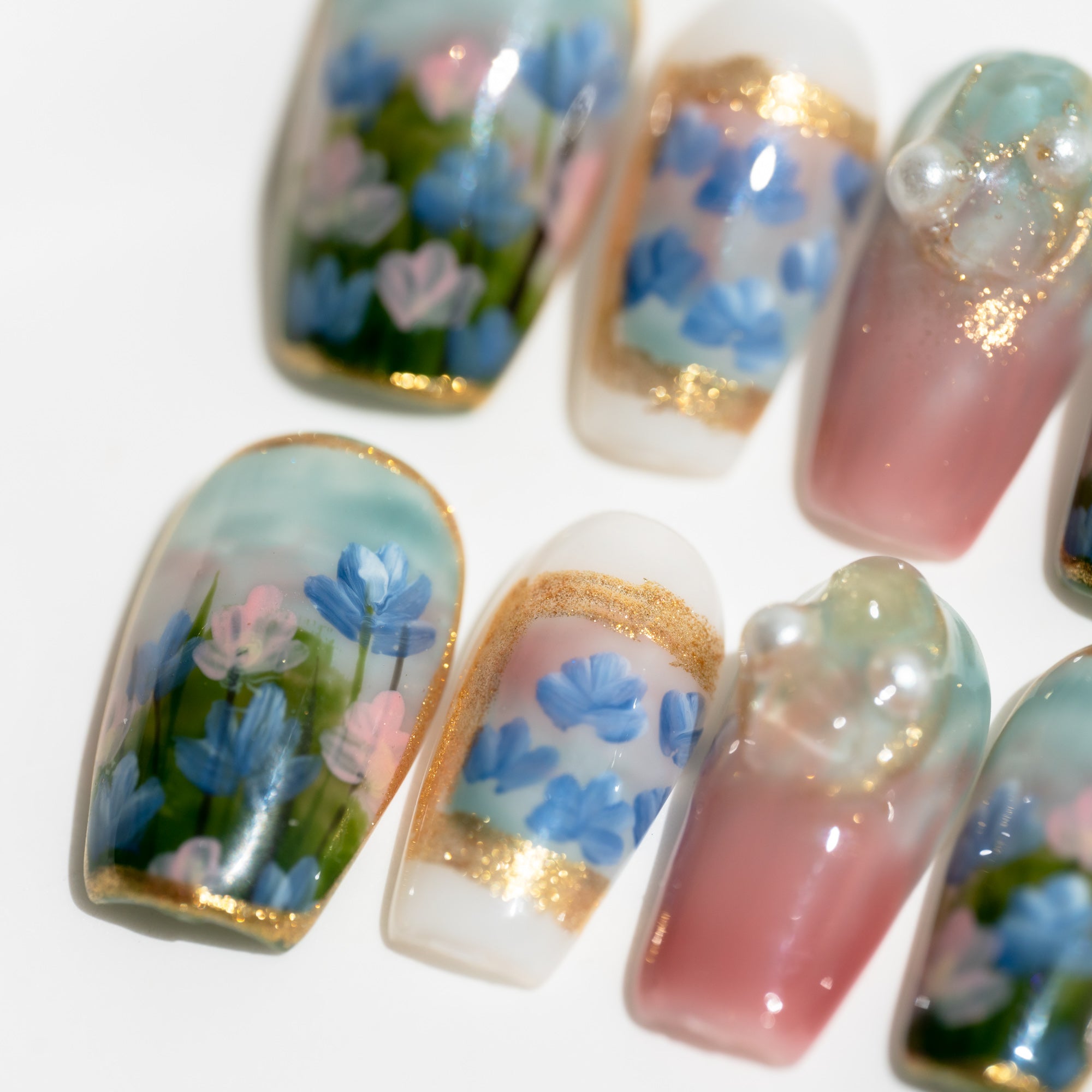 Handmade Short Coffin Ballerina Press-On Nails - Colorful Flower Ombre Hand-Painted 10 Pcs #013