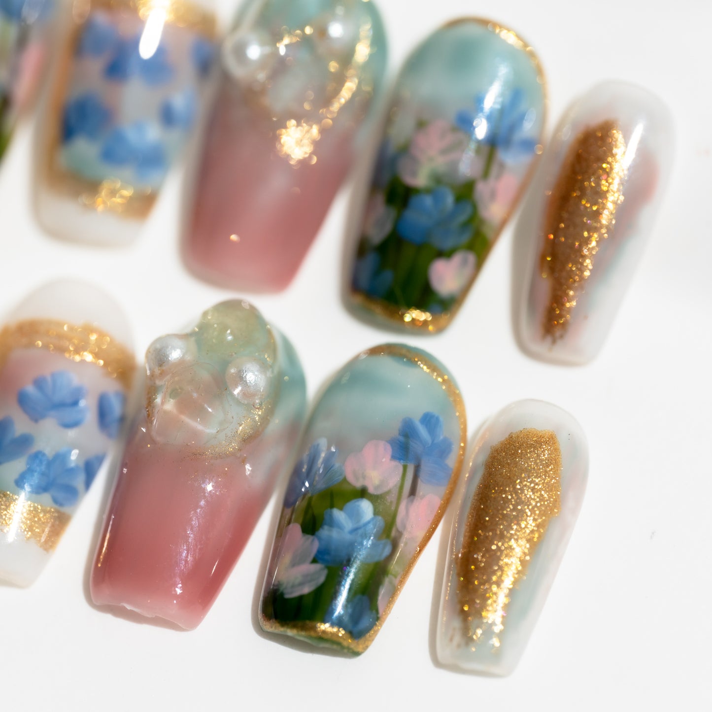 Handmade Press-on Nails Short Coffin Green Gold Colourful Painting Design 10Pcs HM013