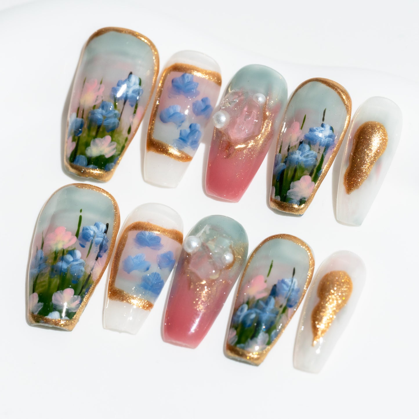 Handmade Press-on Nails Medium Long Coffin Ballerina Green Gold Colourful Painting Design 10Pcs HM031