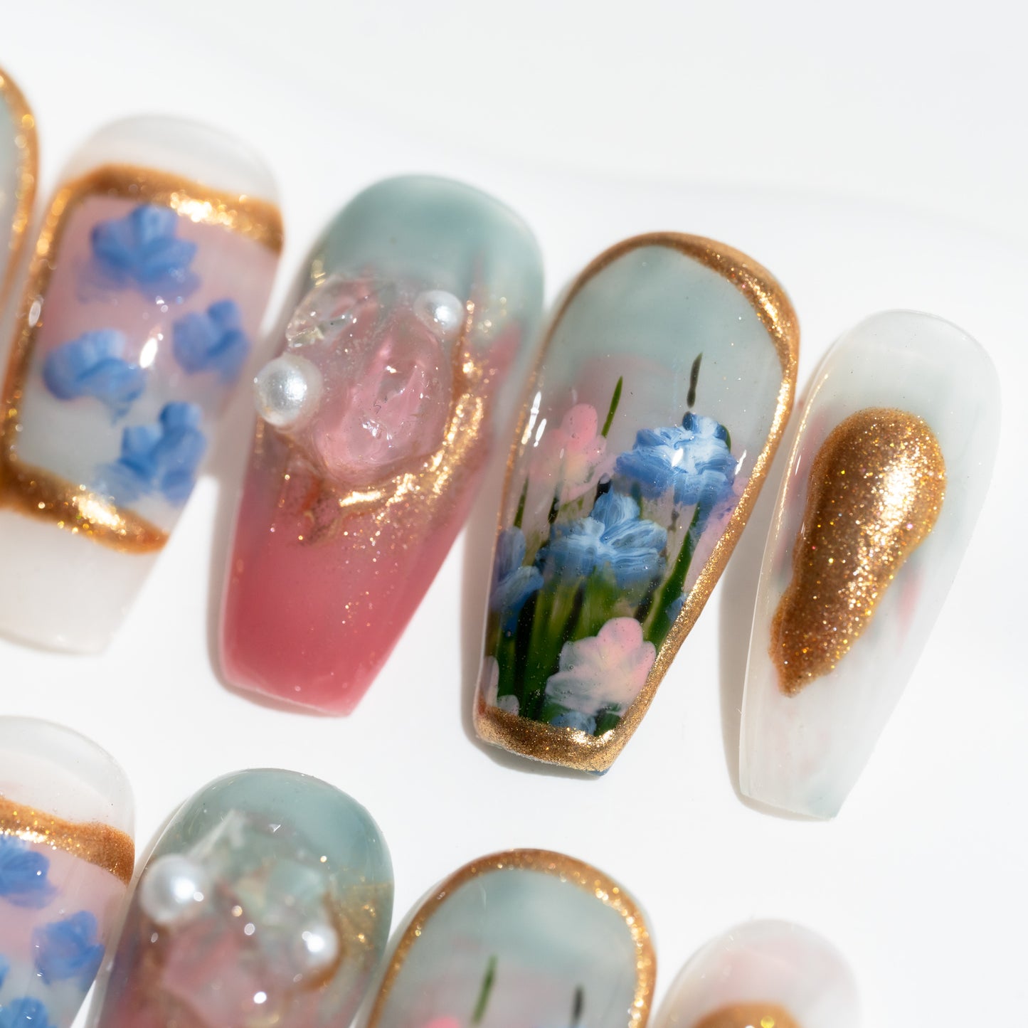 Handmade Press-on Nails Medium Long Coffin Ballerina Green Gold Colourful Painting Design 10Pcs HM031