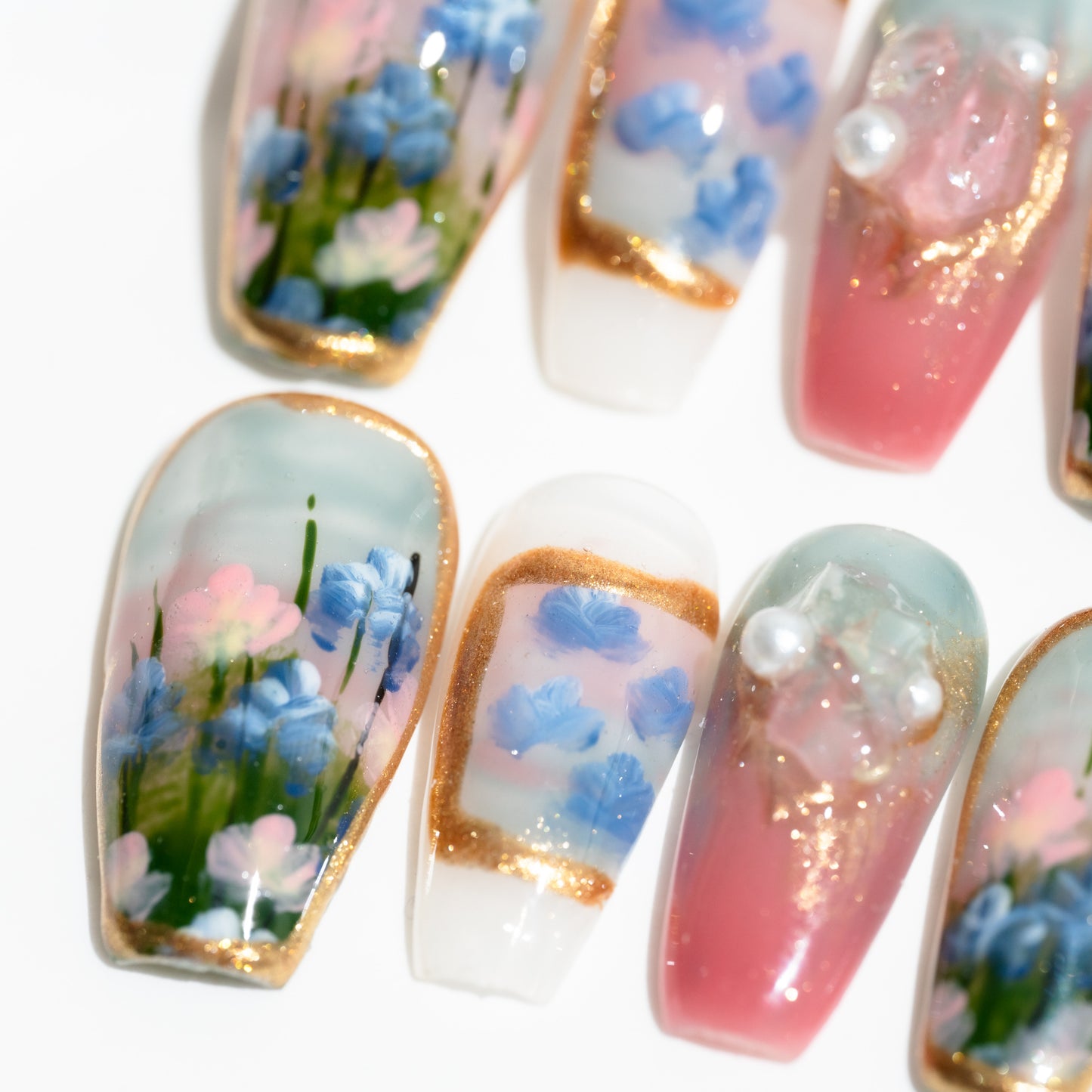 Handmade Press-on Nails Medium Long Coffin Ballerina Green Gold Colourful Painting Design 10Pcs HM031