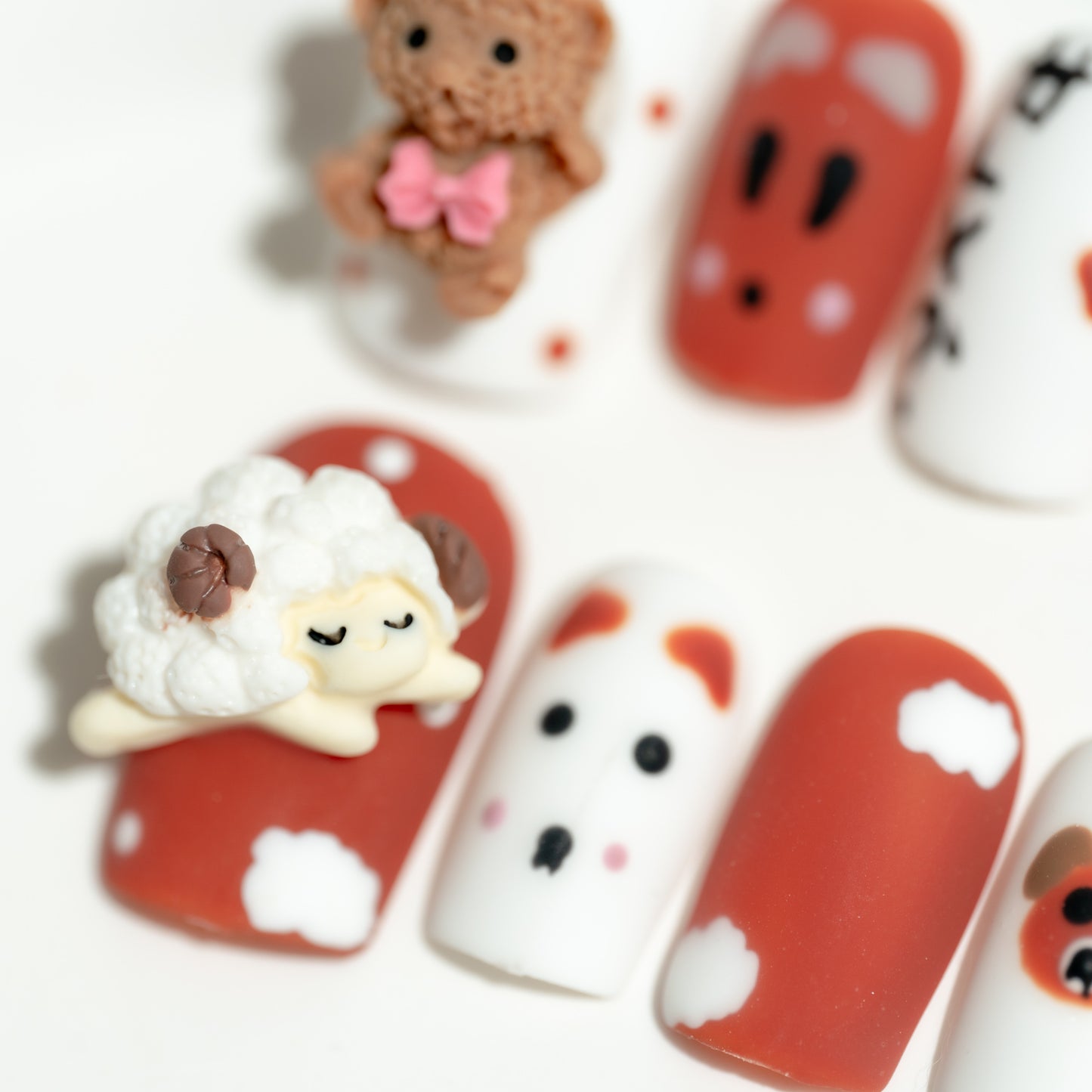 Handmade Press-on Nails Medium Long Square Brown White Bear Design 10 Pcs HM064