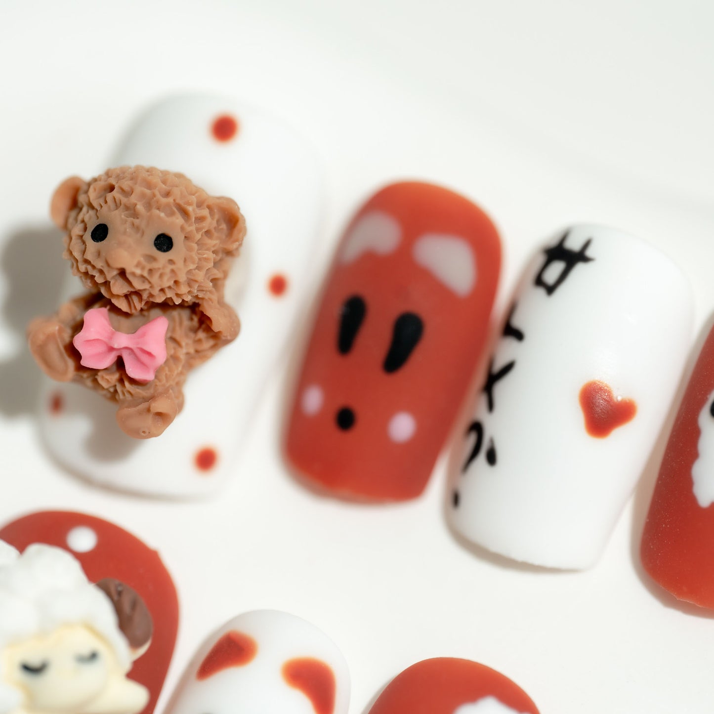 Handmade Press-on Nails Medium Long Square Brown White Bear Design 10 Pcs HM064