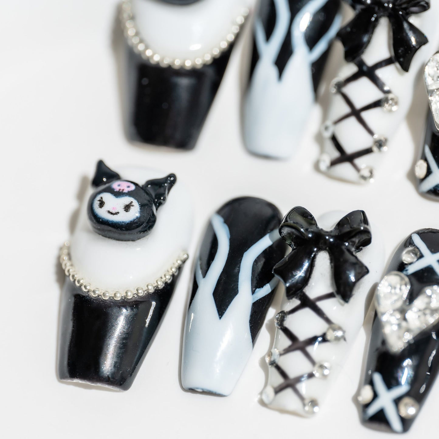 Handmade Press-on Nails Medium Long Coffin Ballerina Black White Kuromi Design 10 Pcs HM065