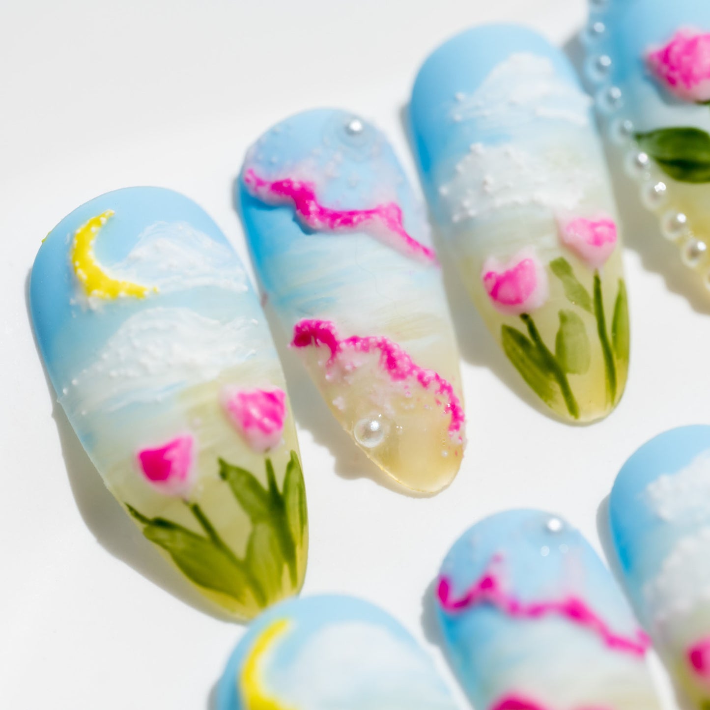 Handmade Press-on Nails Medium Long Almond Blue Green Red Flower Sculpture Design 10 Pcs HM066