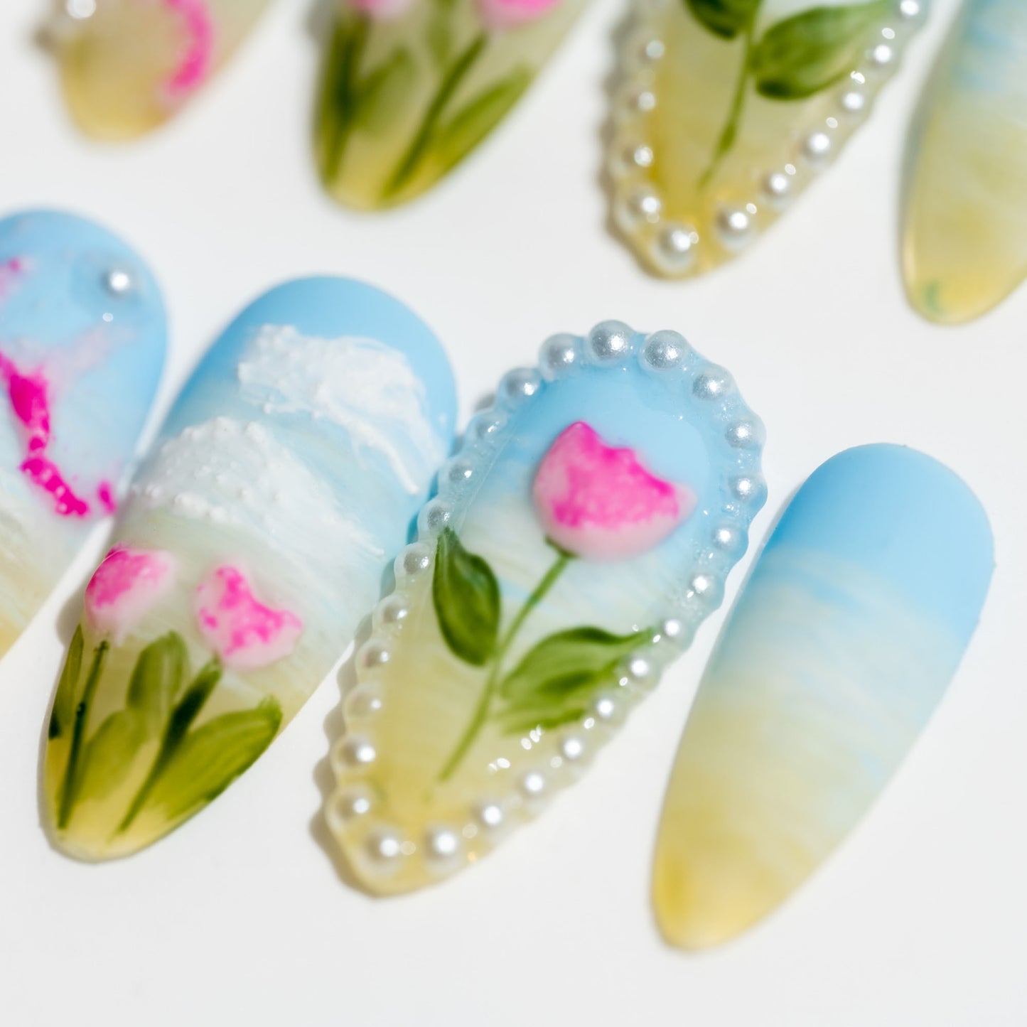 Handmade Press-on Nails Medium Long Almond Blue Green Red Flower Sculpture Design 10 Pcs HM066