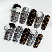 Handmade Long Square Press-On Nails - Black Flower Stripes Gradation 10 Pcs #068
