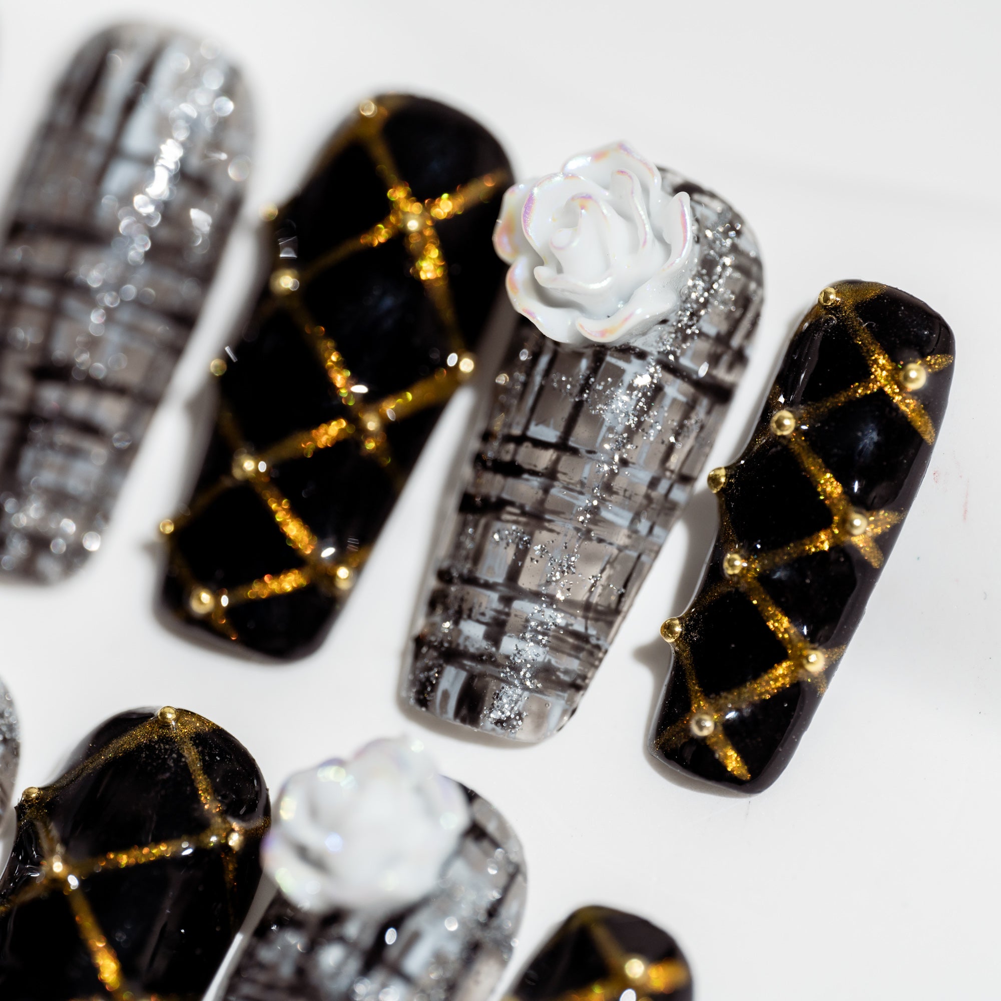 Handmade Long Square Press-On Nails - Black Flower Stripes Gradation 10 Pcs #068