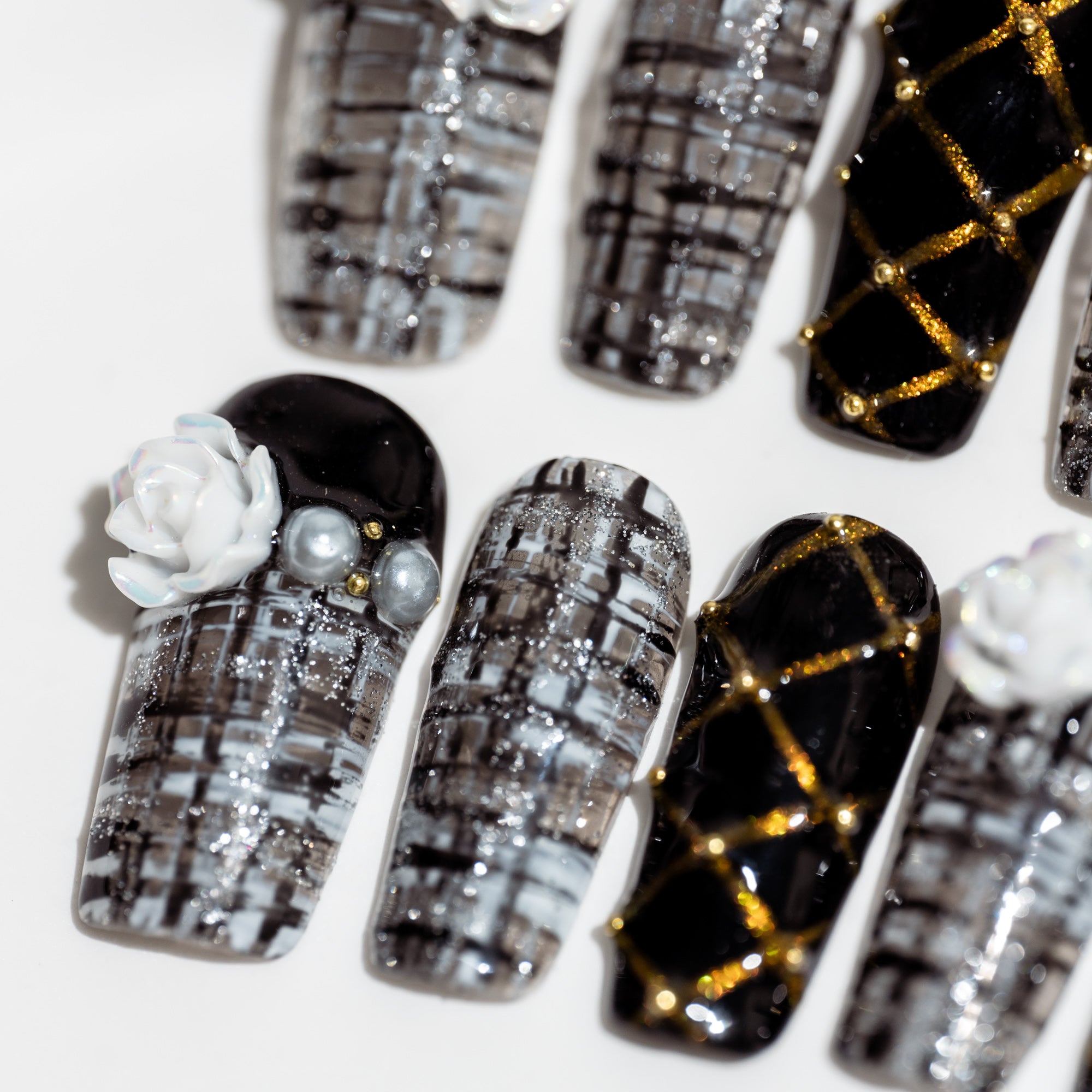 Handmade Long Square Press-On Nails - Black Flower Stripes Gradation 10 Pcs #068