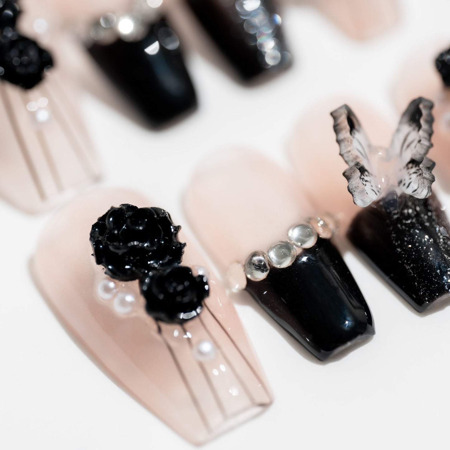 Handmade Press-on Nails Medium Long Coffin Ballerina Black Flower Rhinestone Design 10 Pcs HM069