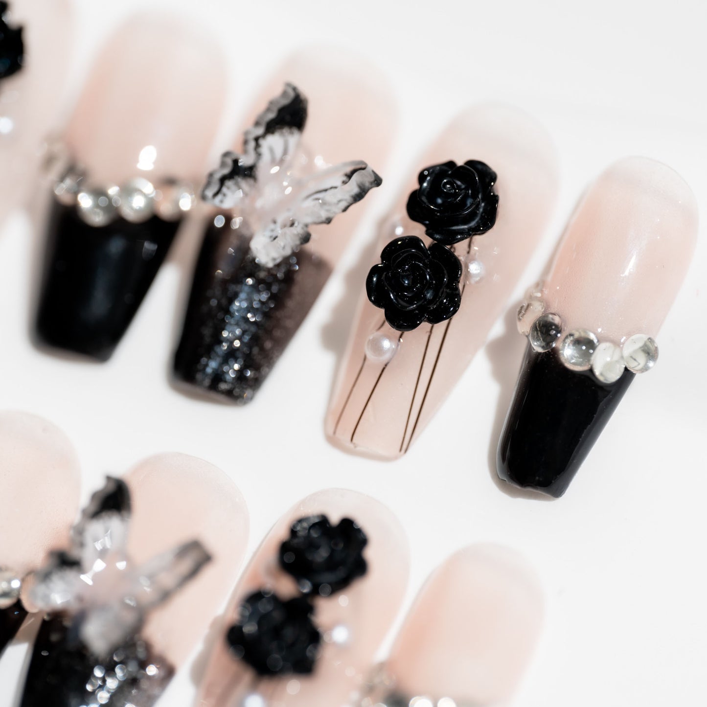 Handmade Press-on Nails Medium Long Coffin Ballerina Black Flower Rhinestone Design 10 Pcs HM069