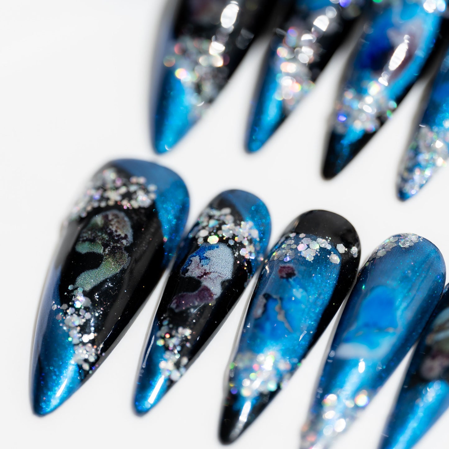 Handmade Press-on Nails Long Almond Stiletto Blue Black Glitter Patterns Design 10 Pcs HM070