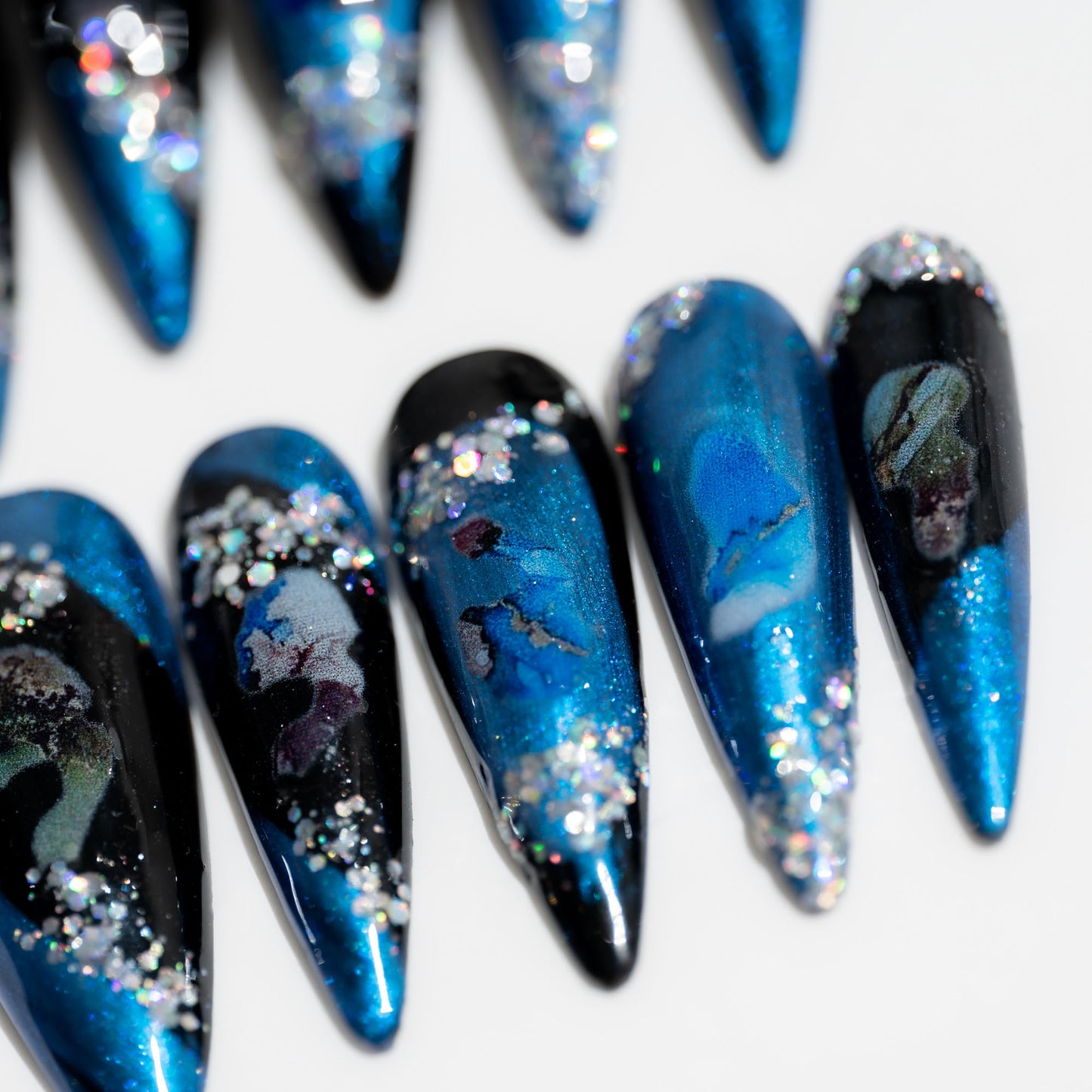 Handmade Press-on Nails Long Almond Stiletto Blue Black Glitter Patterns Design 10 Pcs HM070