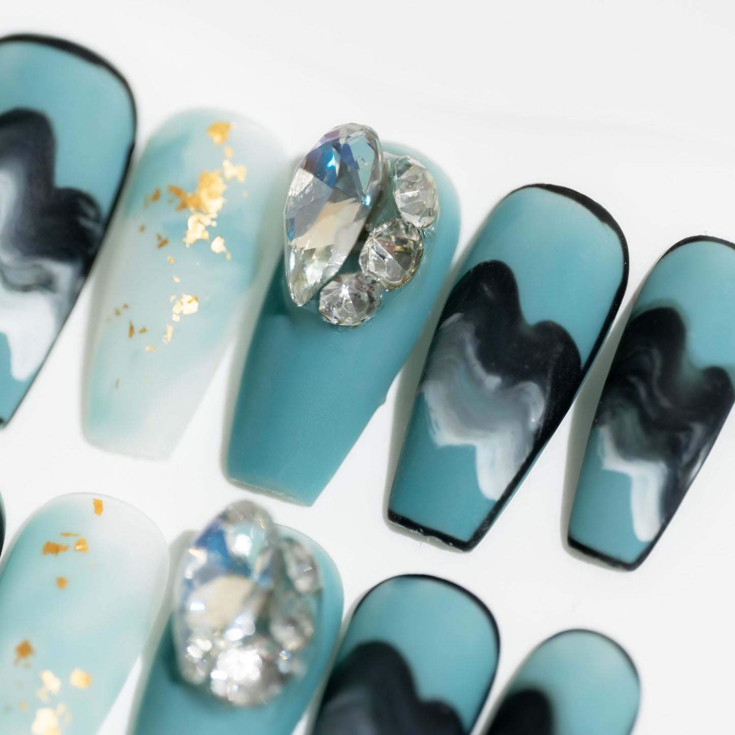 Handmade Press-on Nails Medium Long Coffin Ballerina Blue Black White Gradation Design 10 Pcs HM071