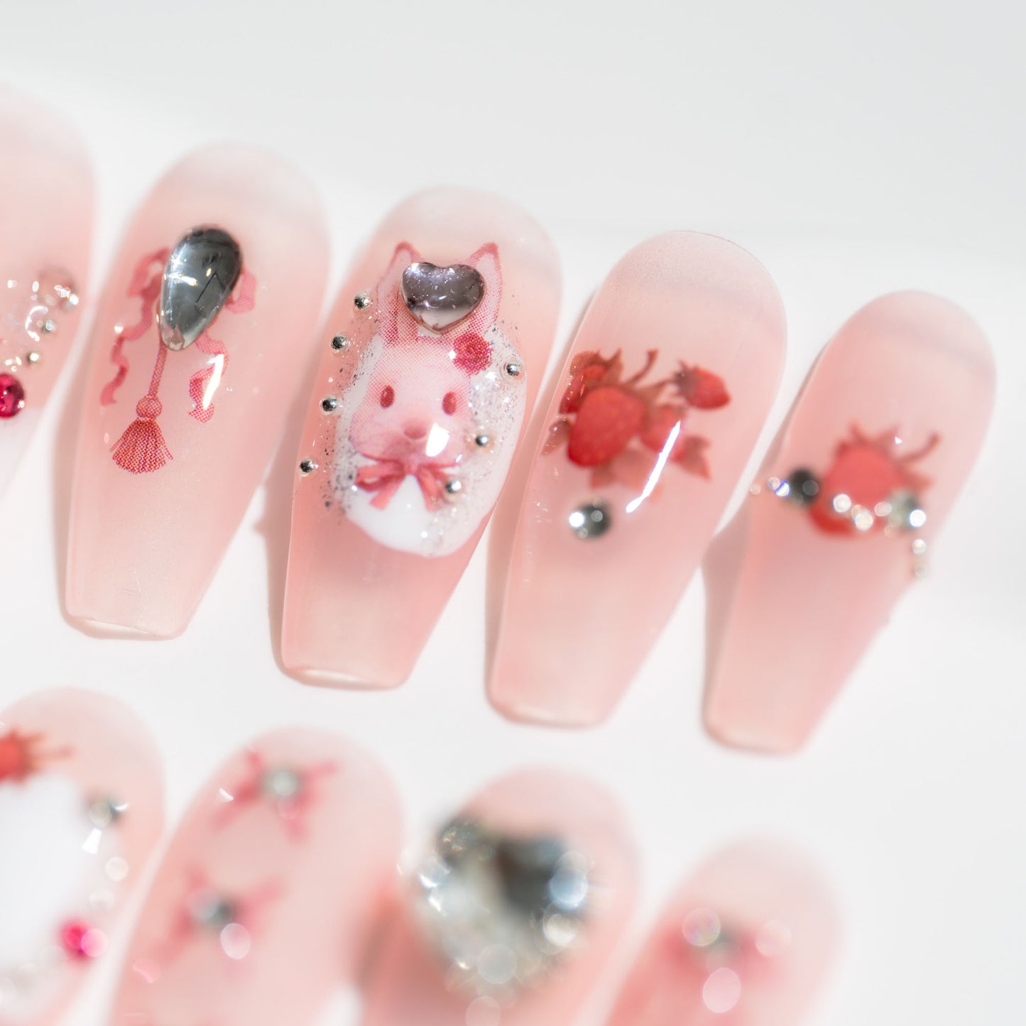 Handmade Press-on Nails Medium Long Coffin Ballerina Pink White Easter Rabbit Design 10 Pcs HM072