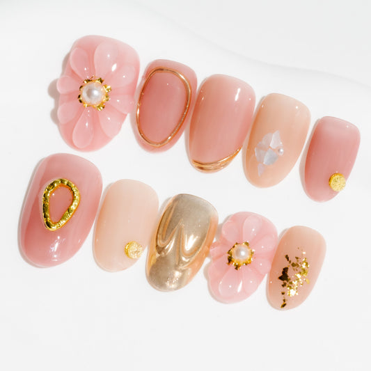 Handmade Press-on Nails  Short Oval Pink Gold Pearl Flower Design 10 Pcs HM077