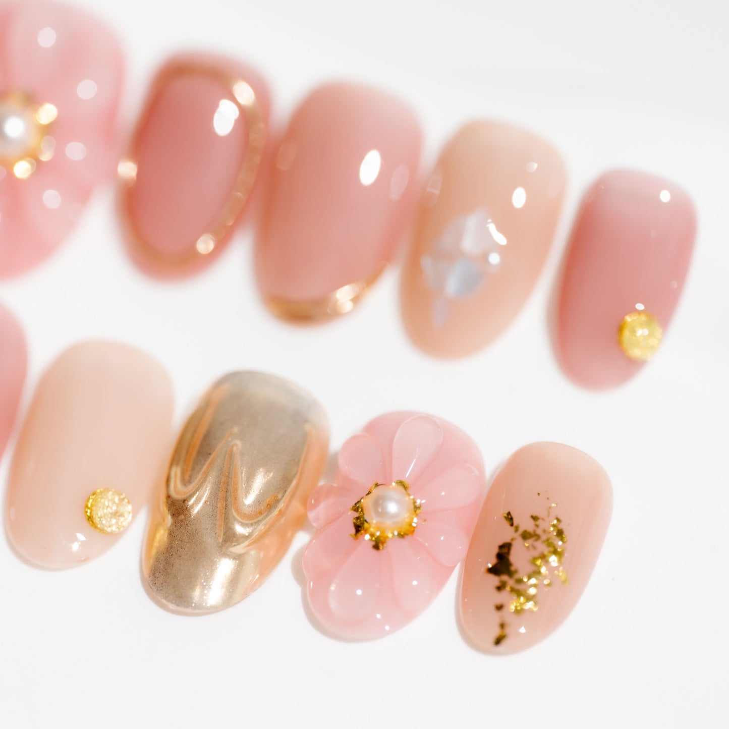 Handmade Press-on Nails  Short Oval Pink Gold Pearl Flower Design 10 Pcs HM077