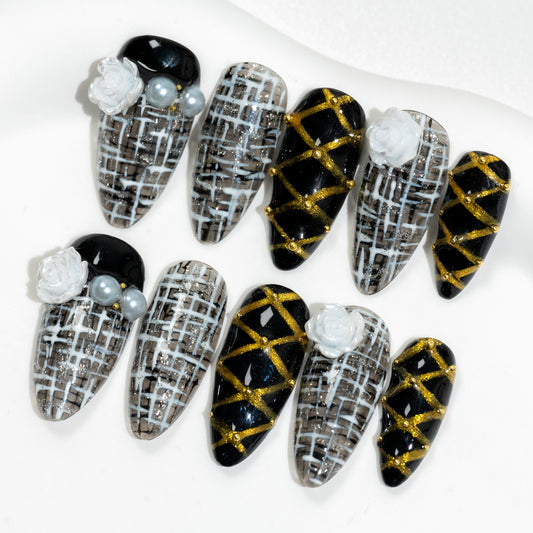 Handmade Press-on Nails Medium Long Almond Black Gold Flower Texture Design 10 Pcs HM079
