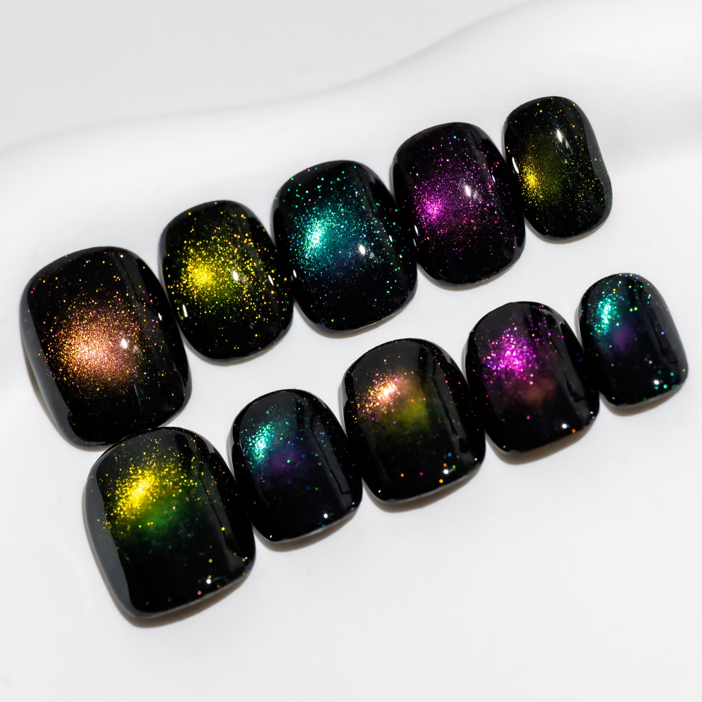 Handmade Press-on Nails Short Squoval Round Black Colorful Cat Eye Design 10 Pcs HM091