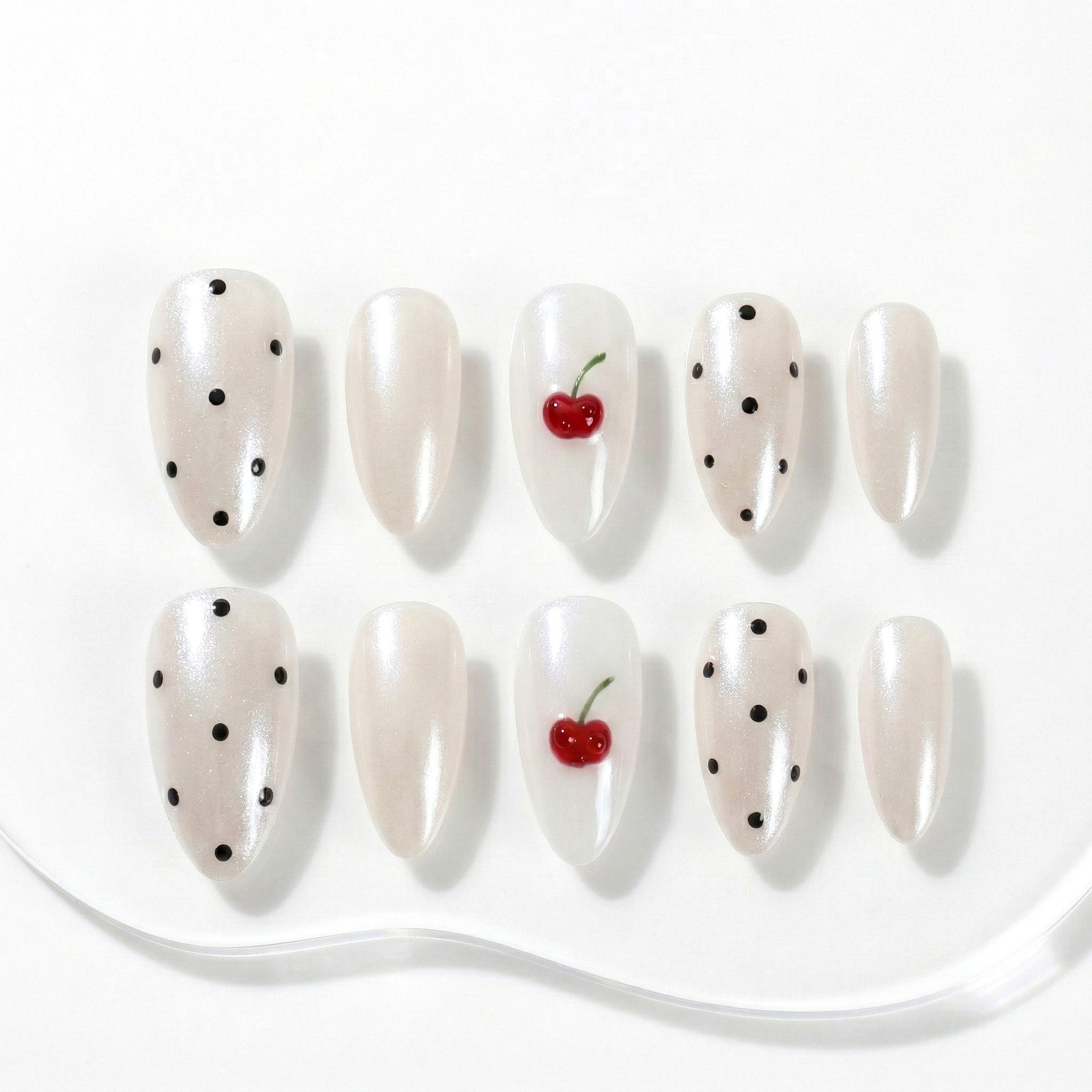 Almond White Red Cherry Polka Dot Shimmer Medium 10 Pieces Reusable Comfortable At Home #265