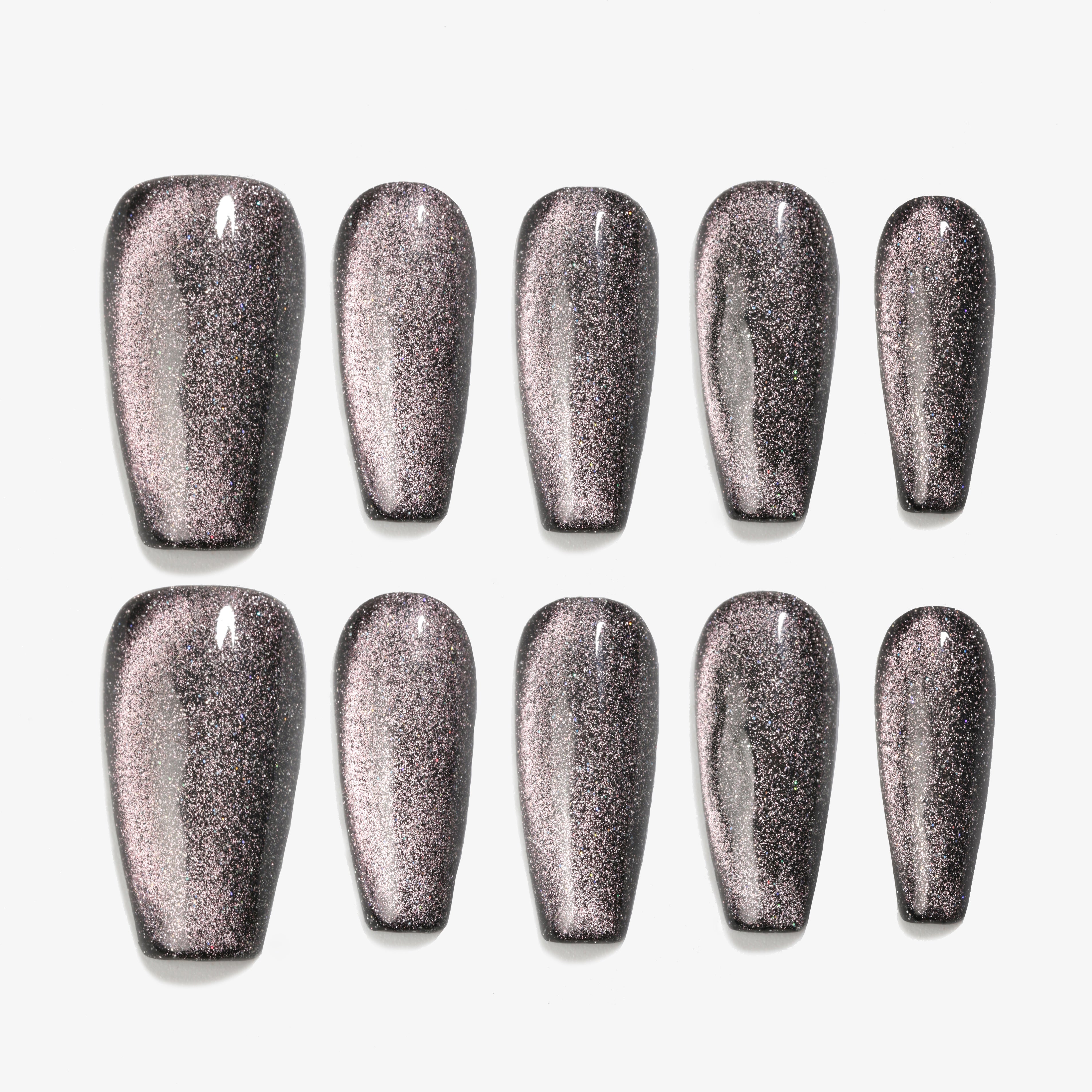 ハンドメイド ミディアム コフィン バレリーナ ネイルチップ– ブラック ピンク マグネット シンプル グロッシー 10枚セット #106