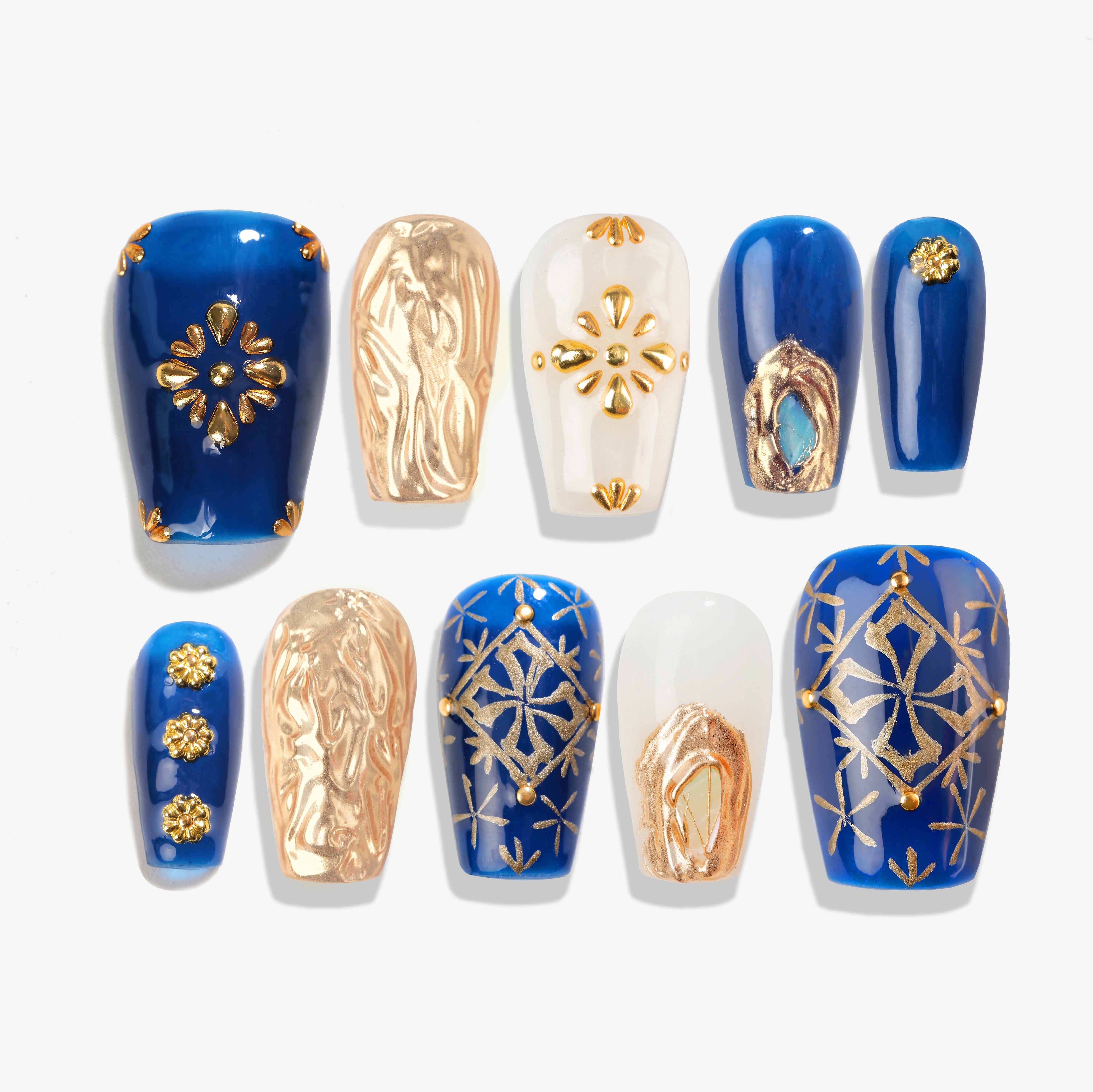 Handmade Short Coffin Ballerina Press-On Nails - Blue Gold glossy Hand-Painted Ombre 10 Pcs #102