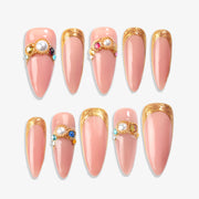 Handmade Long Stiletto Amlond Press-On Nails - Pink Gold Nude Beige Pearl French Elegant 10 Pcs #103