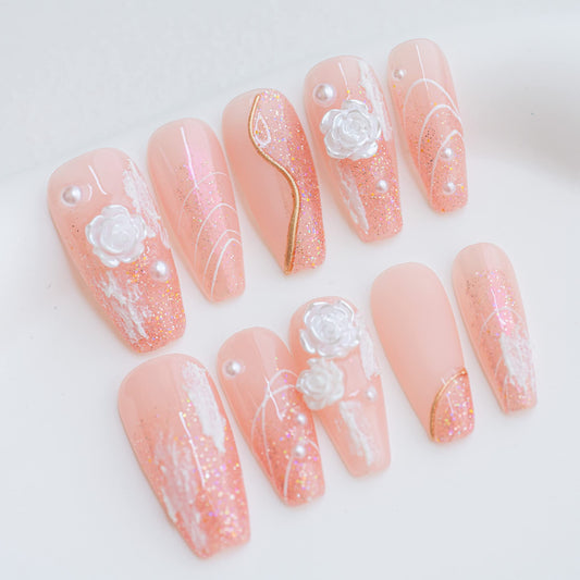 Handmade Press-on Nails Medium Long Coffin Ballerina Pink White 3D Flower Design 10Pcs HM002