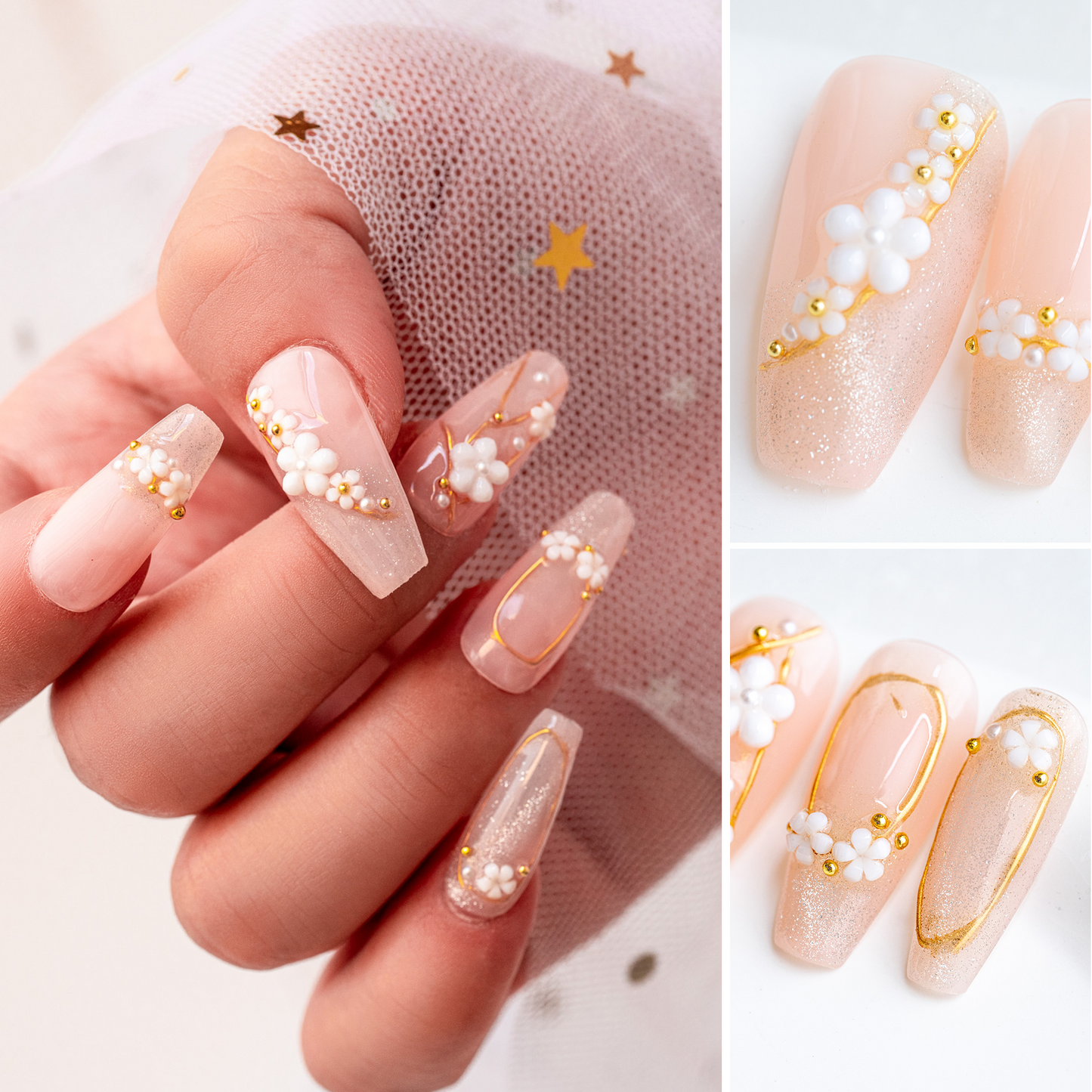 Handmade Press-on Nails Medium Long Coffin Ballerina Pink Gold Flower Design 10Pcs HM010