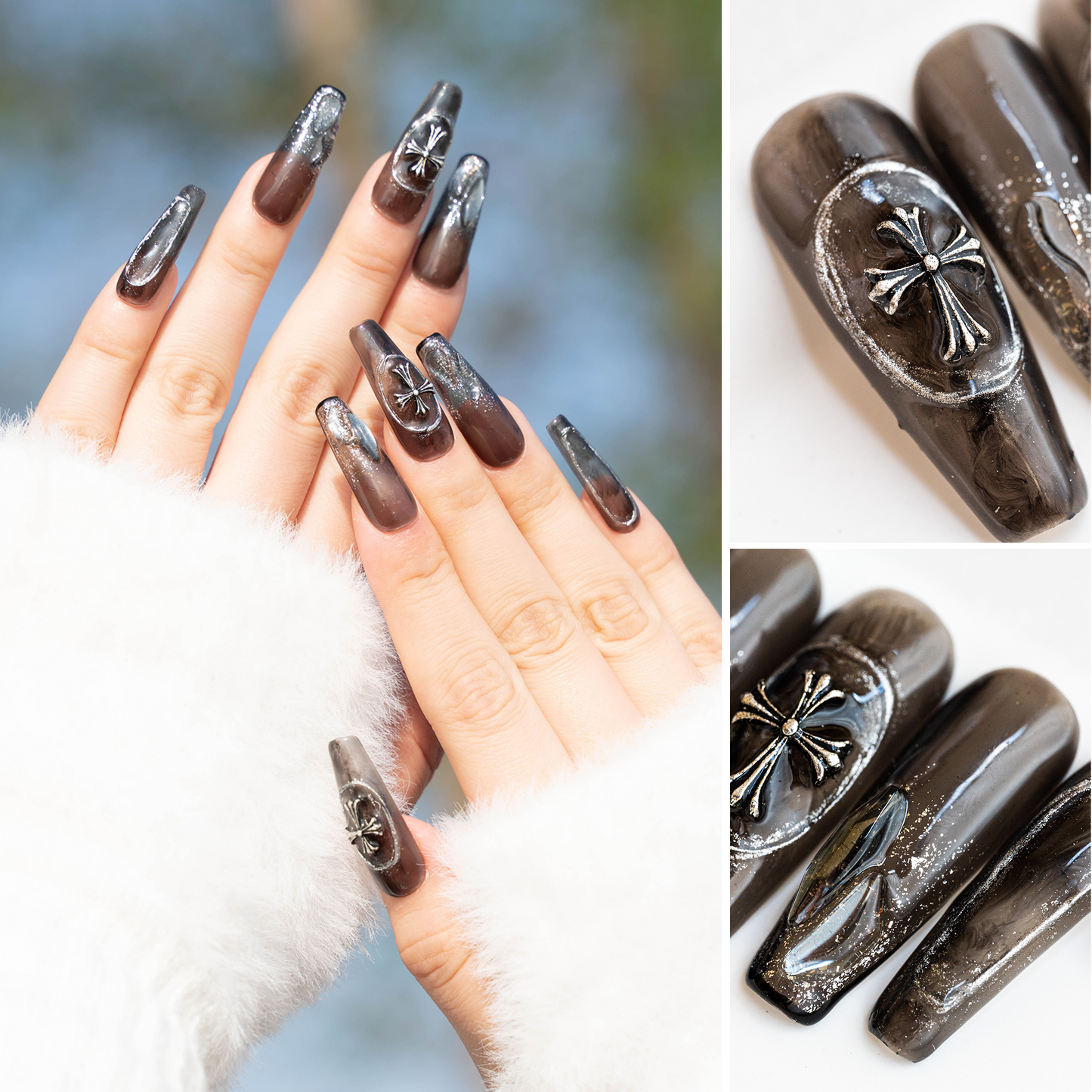 Handmade Press-on Nails Long Coffin Ballerina Black Sliver 3D Cross Design 10Pcs HM003